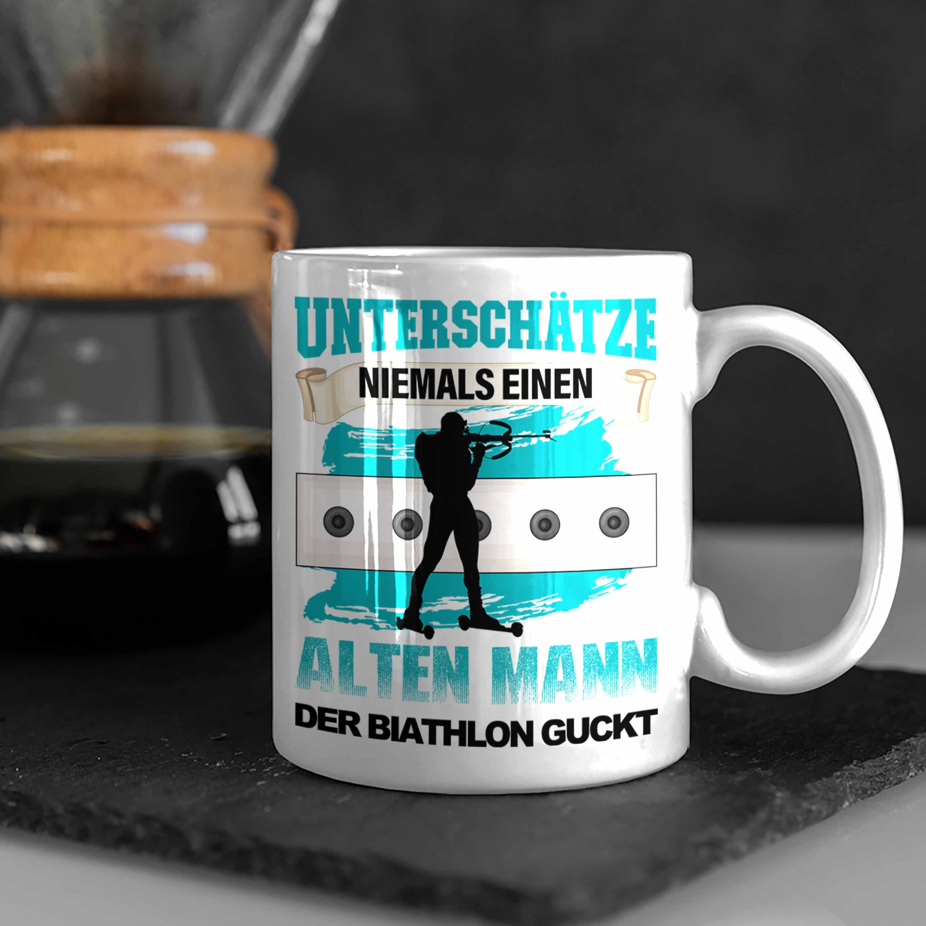 Biathlon Tasse der Tasse "Unterschätze Alten gu einen Trendation Mann, Weiss Biathlon Niemals