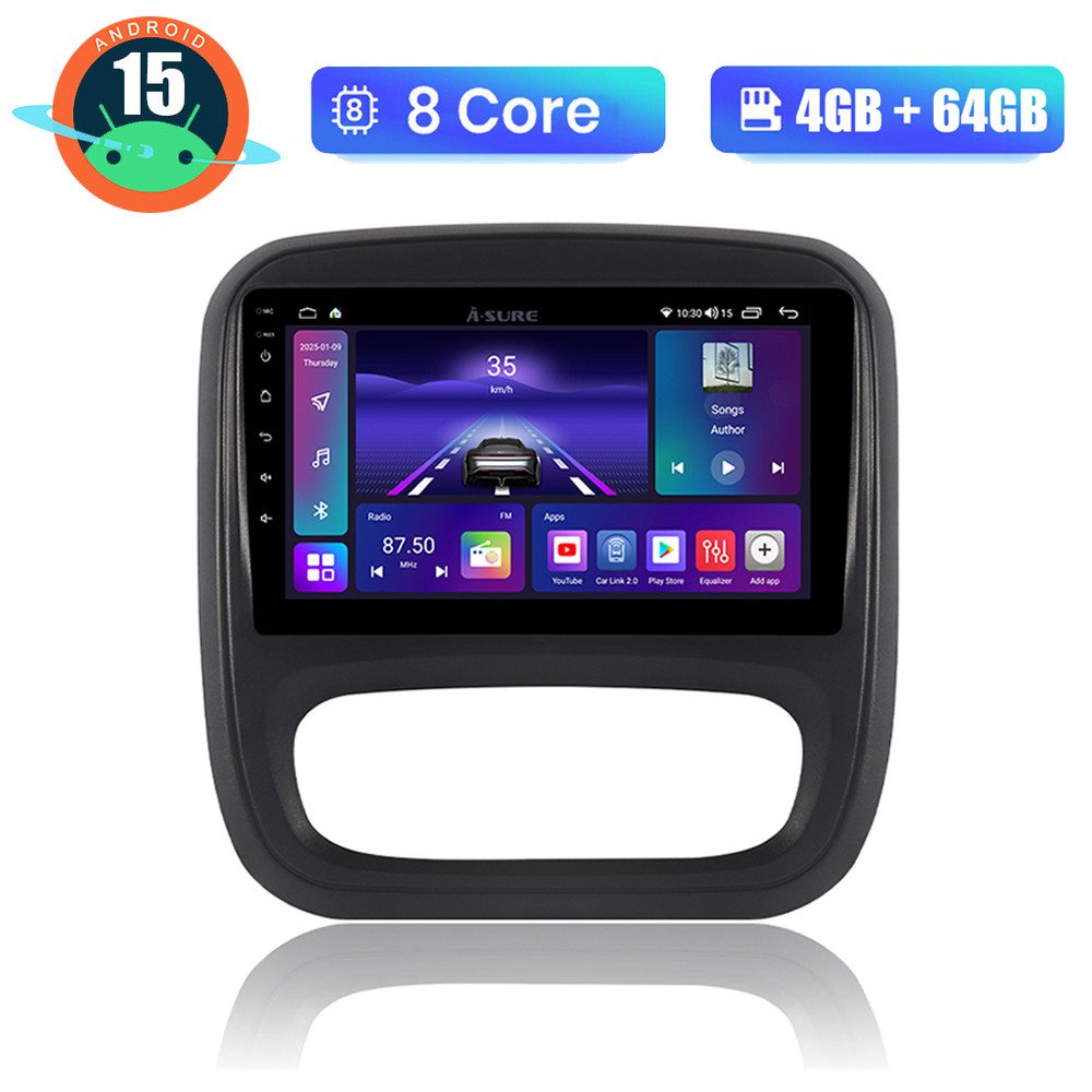 A-Sure Für Opel Vivaro B Renault Trafic Nissan NV300 4+64GB Carplay GPS Navi Autoradio (Digitalradio (DAB), FM, AM, 1280*800 IPS Screen/8-Core CPU)