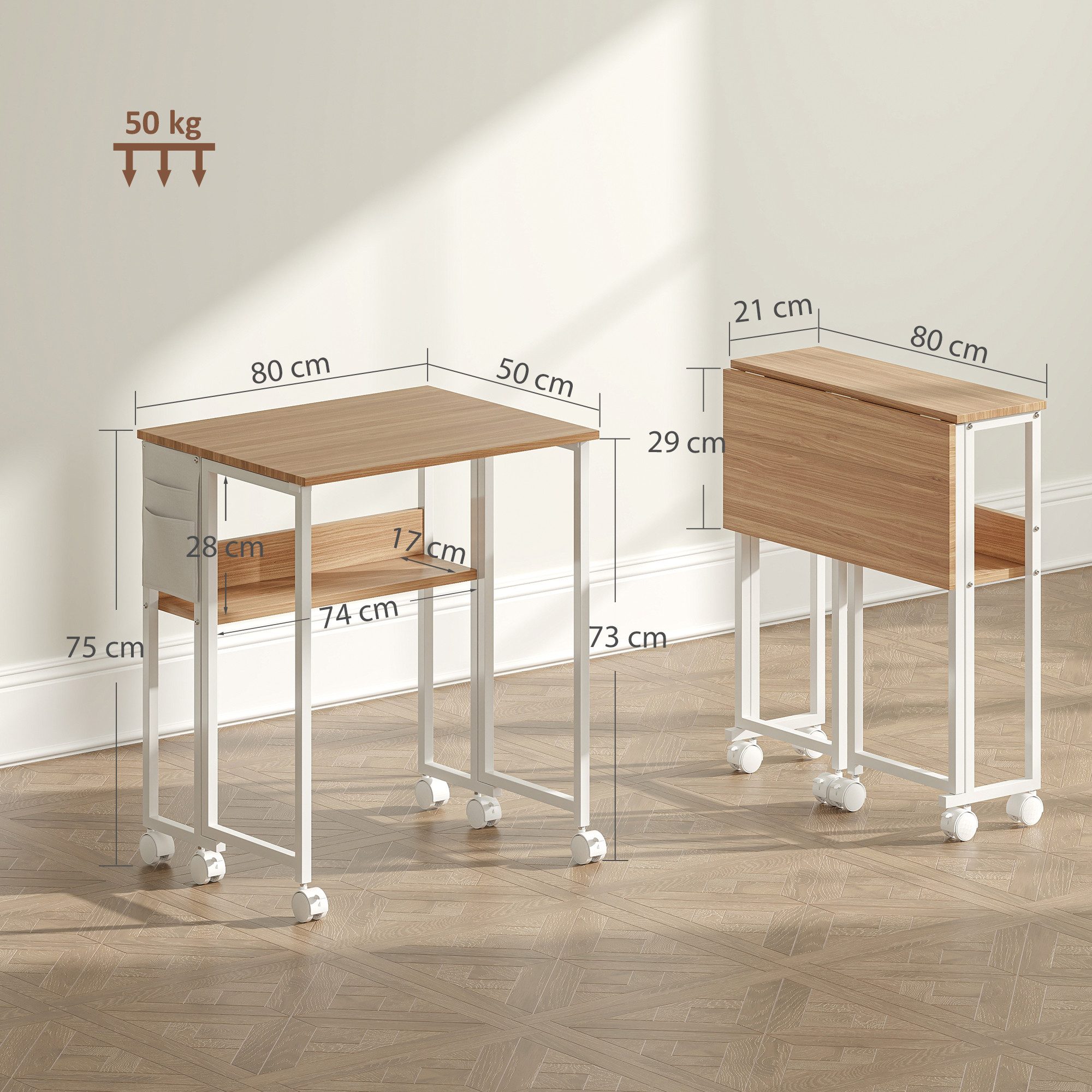 HOMCOM Schreibtisch klappbarer (Klappschreibtisch, 1-St., Platzsparend Computertisch), mit Regal, Aufbewahrungstasche, für Home Office, Natur