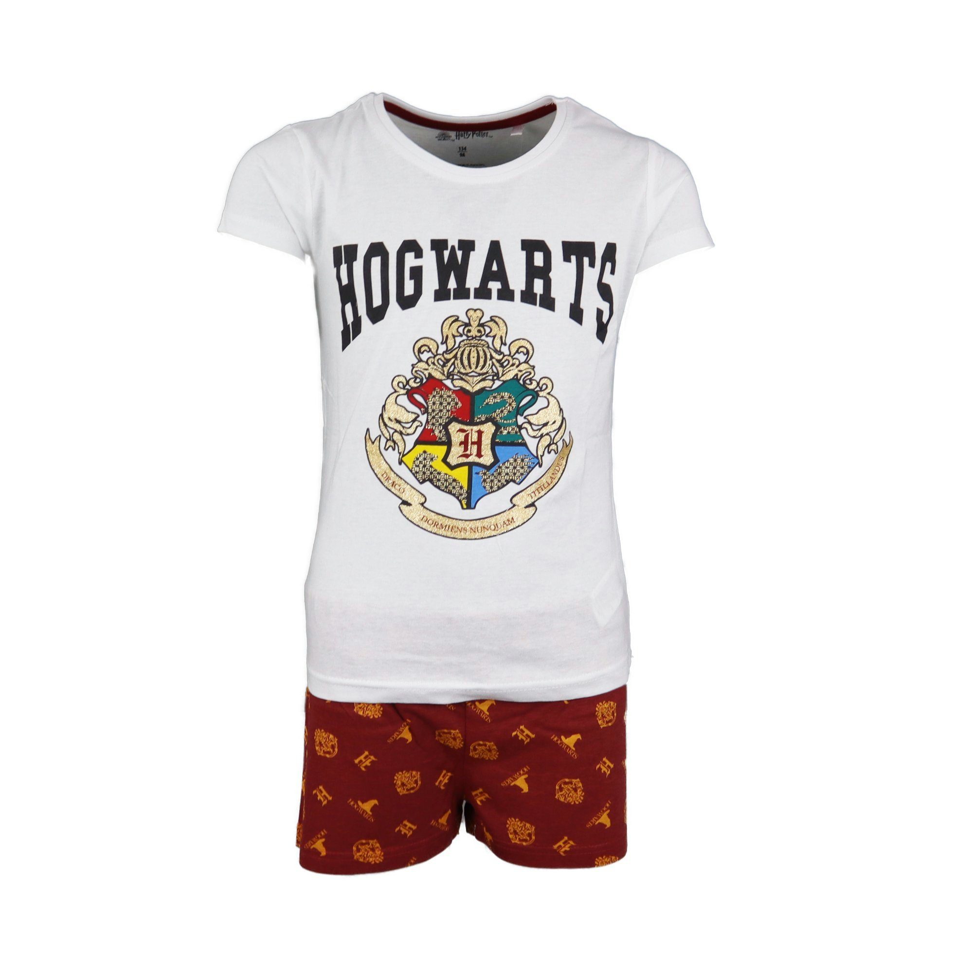 Harry Potter Schlafanzug Hogwarts Scool Mädchen kurzarm Pyjama Gr. 134 bis 164, 100% Baumwolle Weiß
