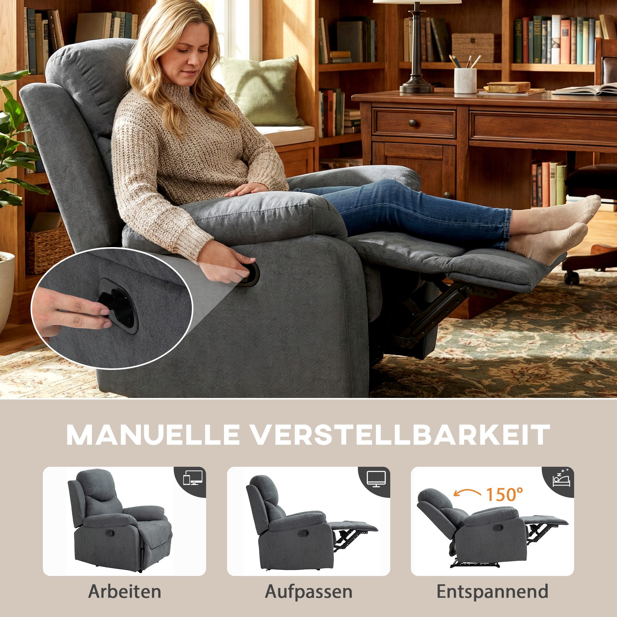 HOMCOM Relaxsessel Liegesessel Sessel mit Verstellbarer Rückenlehne, Leinen-Optik (Ruhesessel, 1-St., Fernsehsessel), für Wohnzimmer, Dunkelgrau – Bild 4 von 5