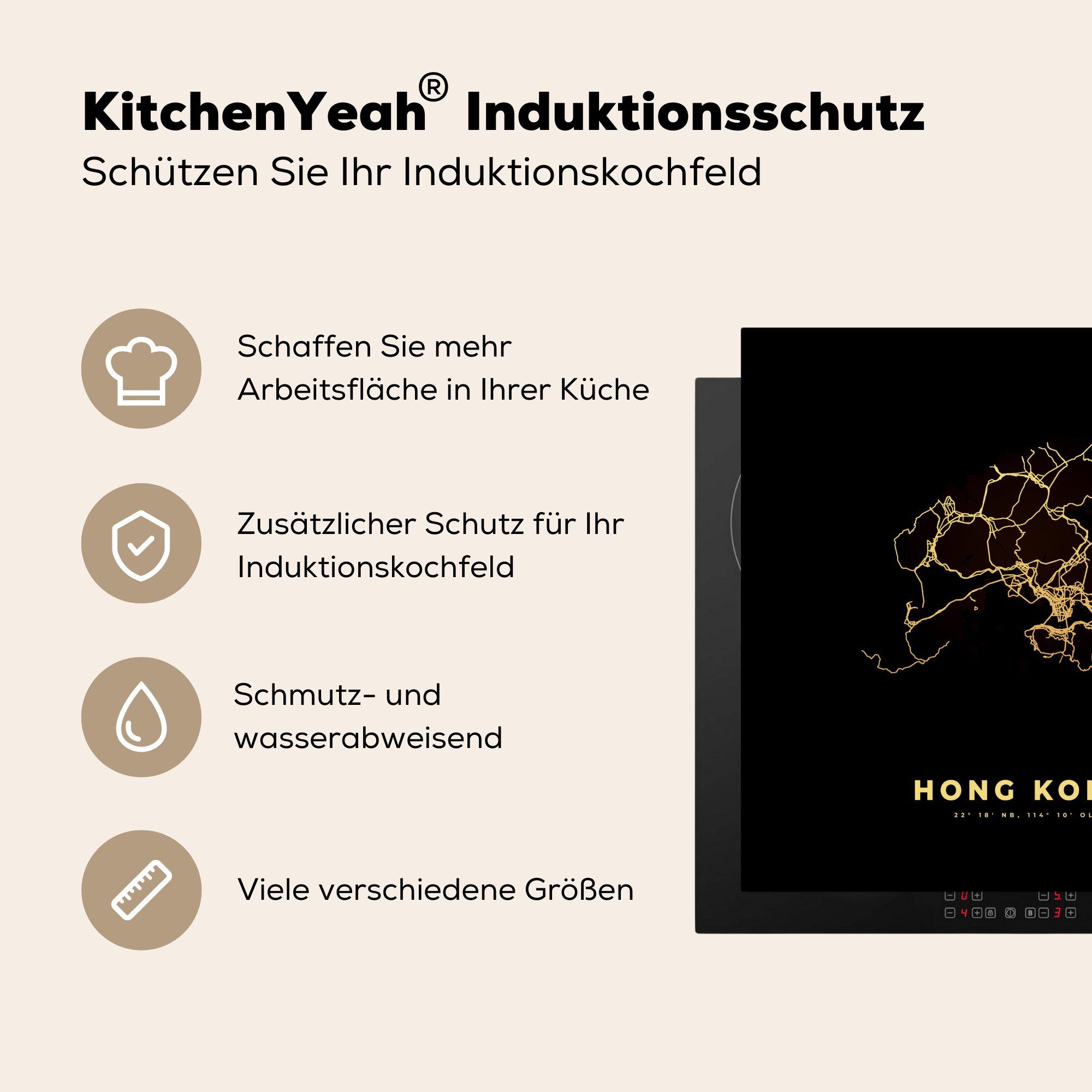 Arbeitsplatte (1 Gold küche - Karte Vinyl, - Herdblende-/Abdeckplatte Hongkong cm, Ceranfeldabdeckung, für MuchoWow 78x78 Schwarz, - tlg),