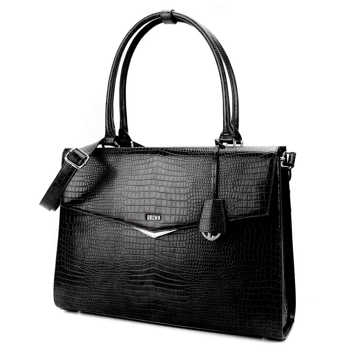 SOCHA Aktentasche Kroko Silver Tip mit - - 15.6 Zoll, Vollausstattung - für Laptoptasche Damen schwarz elegante Businesstasche Schultergurt