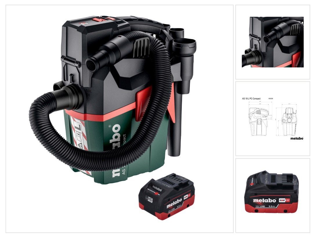 metabo Nass-Trocken-Akkusauger AS 18 L PC Compact Akku Присоска 18 V 6 l IPX4 Staubklasse L Nass und T