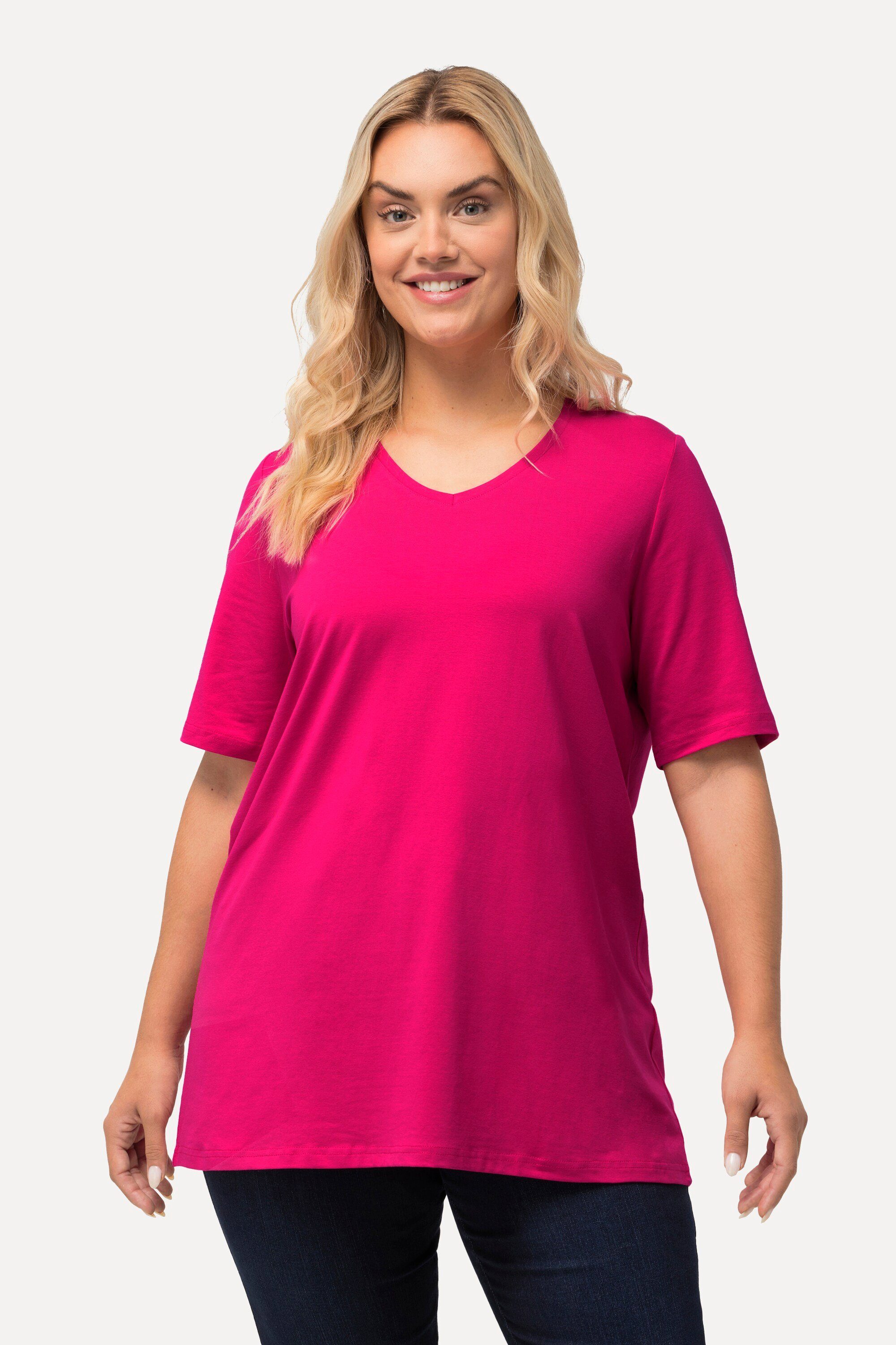 Ulla Popken Rundhalsshirt T-Shirt A-Linie V-Ausschnitt Halbarm