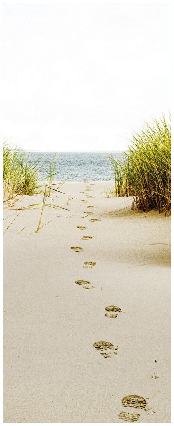 Wallario Memoboard Spuren im Sand- Fußspuren durch die Düne zum Meer