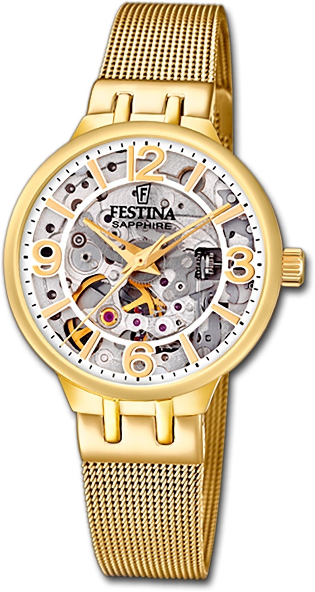 Festina Quarzuhr Festina Damenuhr Automatik Armbanduhr, Damenuhr Edelstahlarmband gold, rund, mittel (ca. 33mm)