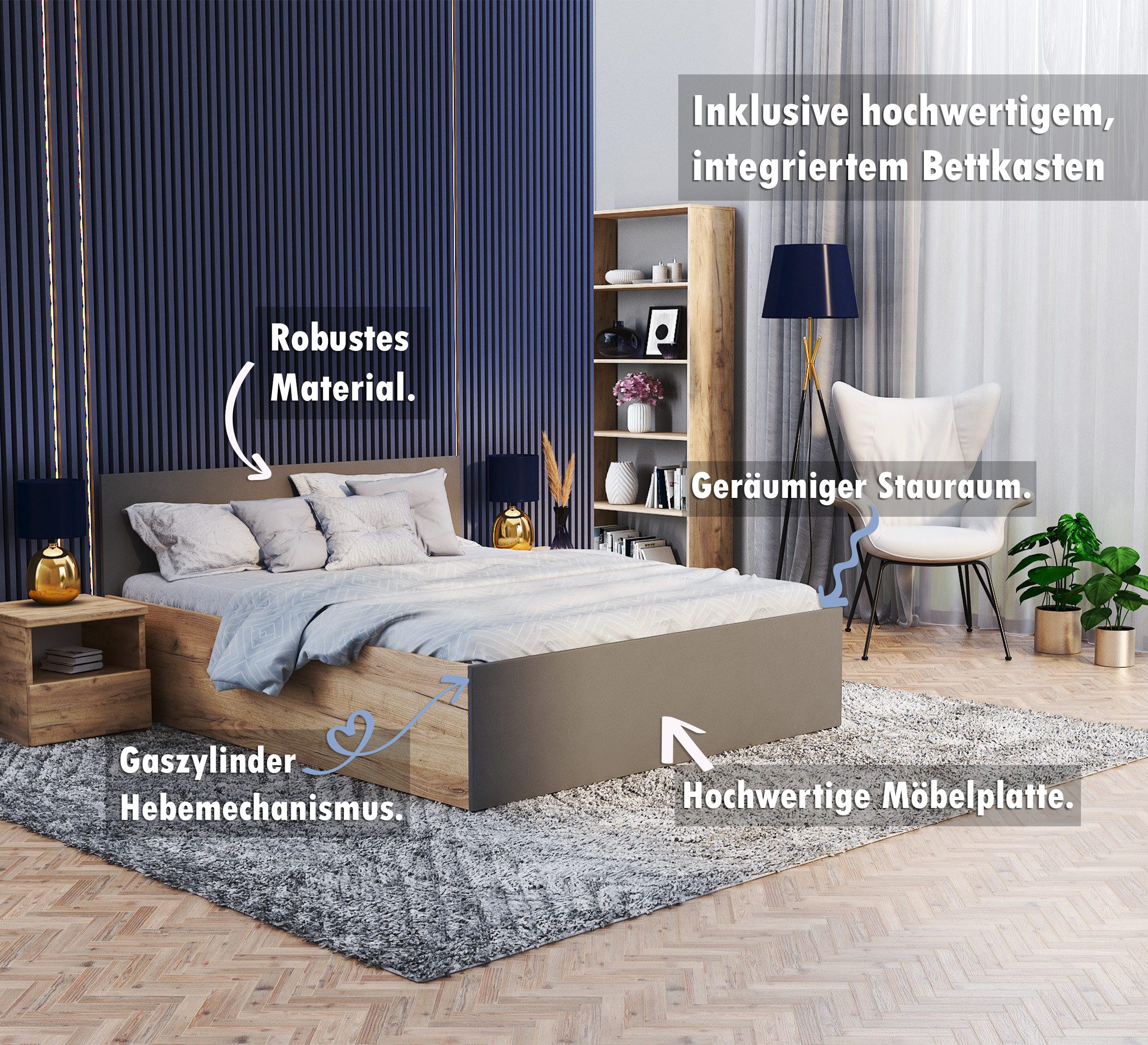 thematys Stauraumbett mit Bettkasten & Lattenrost – Polsterbett 120x200–180x200 – (Optional mit 28 cm H3/H4 Taschenfederkern oder 23 cm Taschenfederkern-Matratze H2, hydraulisches Stauraumbett)