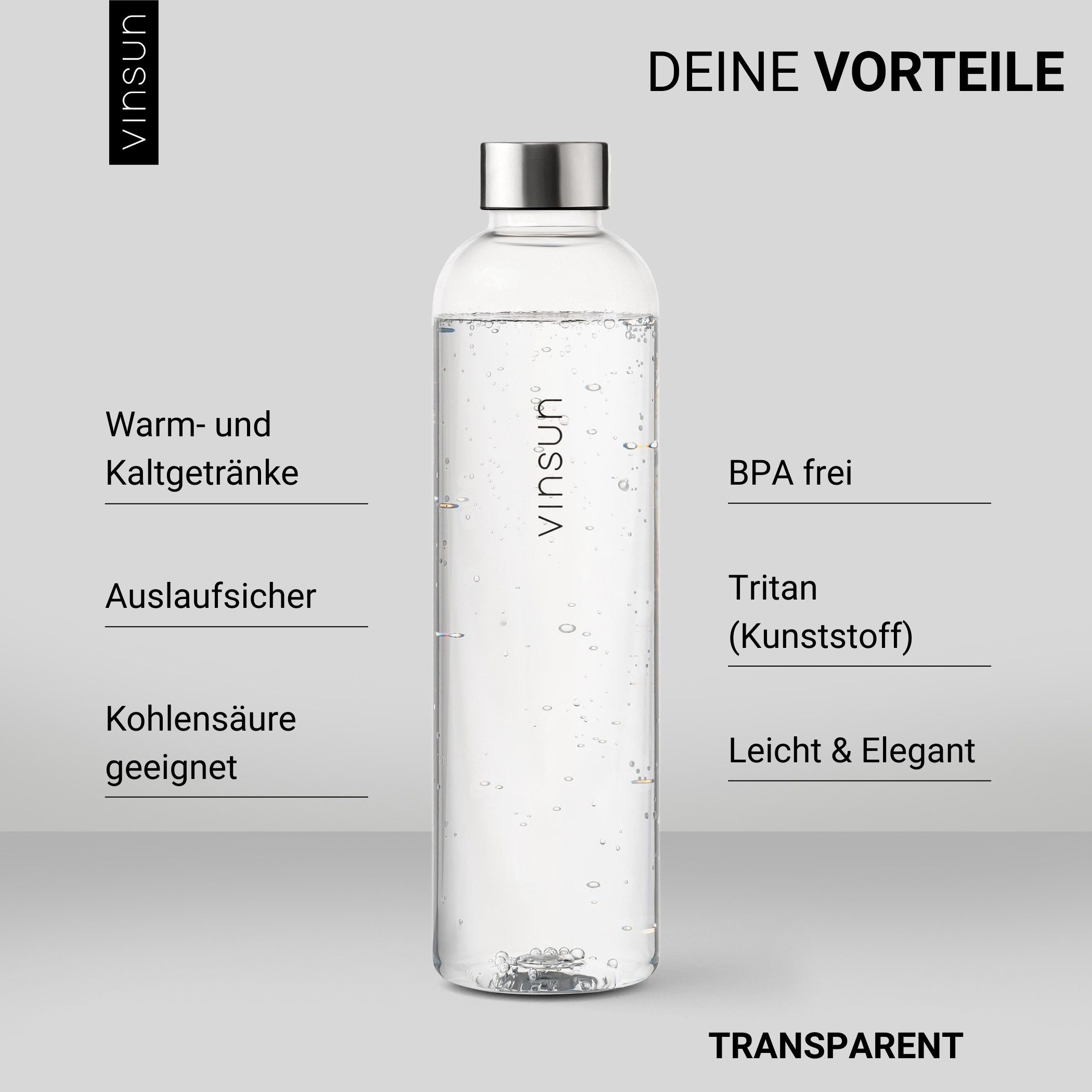 Vinsun Trinkflasche Tritan Wasserflasche 650ml - Sportflasche Kohlensäure geeignet, Auslaufsicher, BPA frei, bruchsicher, geruchs- und geschmacksneutral