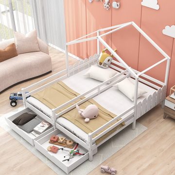 SOFTWEARY Kinderbett Hausbett mit 2 Schlafgelegenheiten, Schubladen und Rollrost (90x200 cm (2-St), Holzbett aus Kieferholz, Jugendbett mit Rausfallschutz