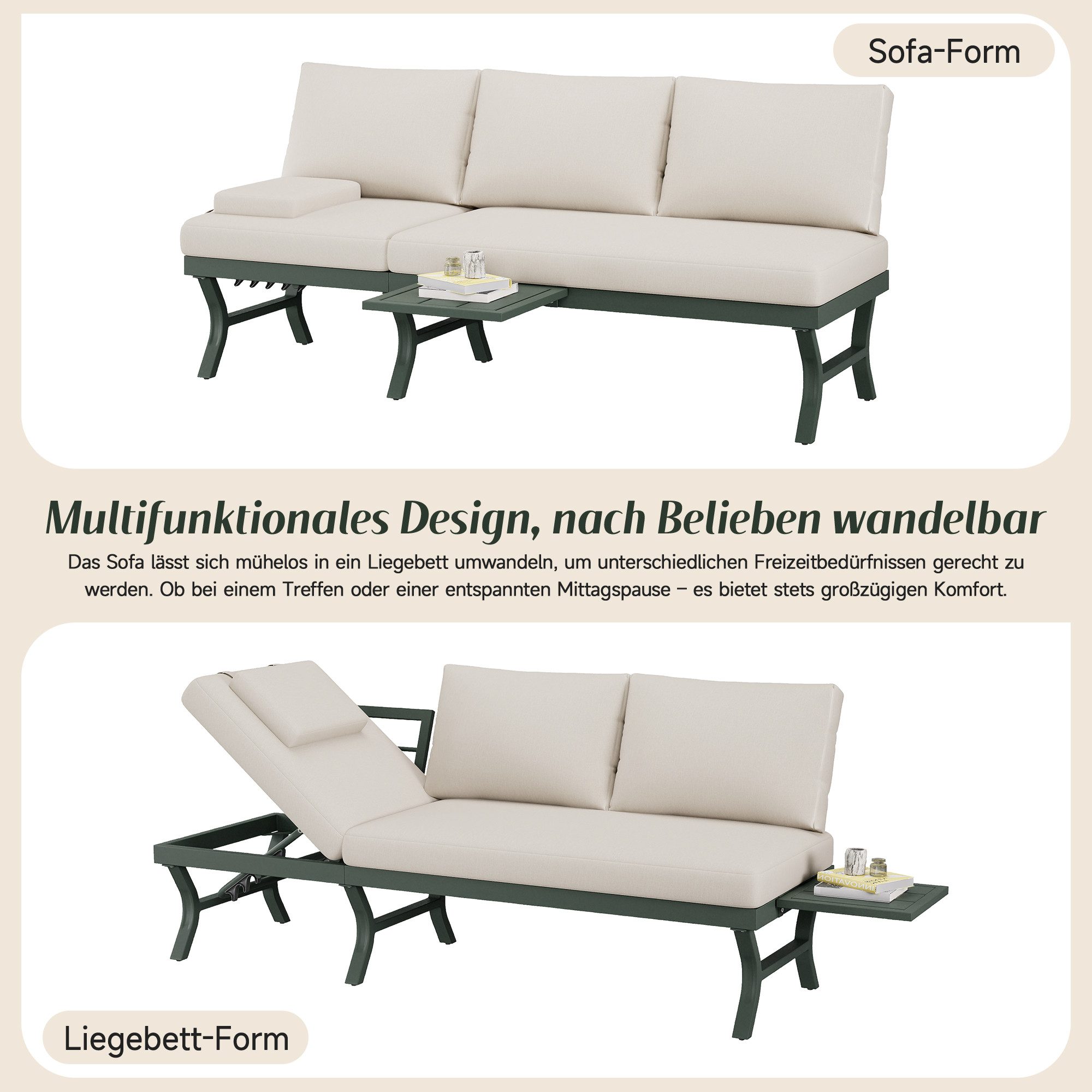 i@home Gartensofa, mit verstellbarer Neigungsfunktion, eine Tabelle, Grün/Beige