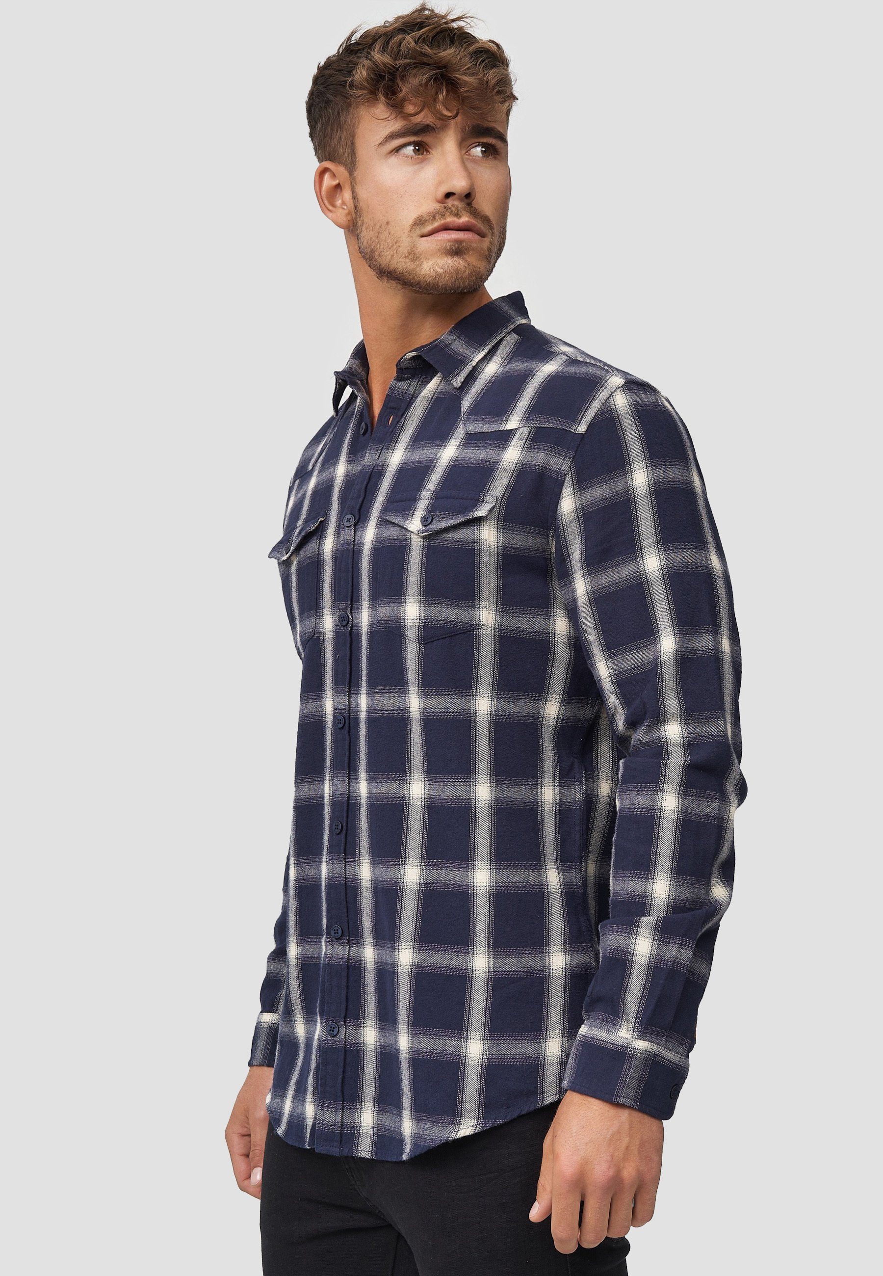 Indicode Langarmhemd Herren Altin Herrenhemd Langarm Flanellhemd im Karo-Design