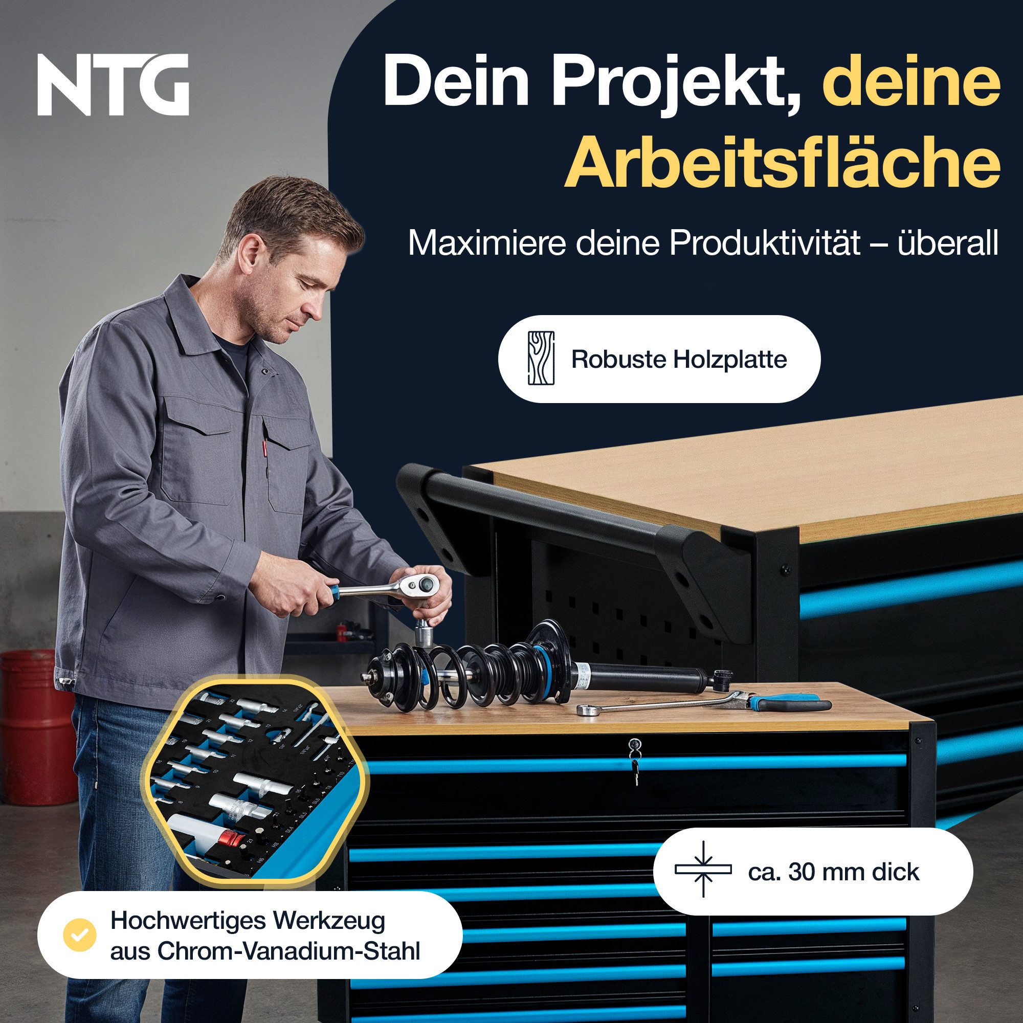 NTG Nutzfahrzeug Technik GmbH Werkzeugwagen Werkstattwagen XXL 471-tlg. mit Holzarbeitsplatte abschließbar, XXL, max. Traglast:450 kg, 471-tlg. Werkzeugset, (471-tlg), XXL Werkzeugwagen 12 Schubladen