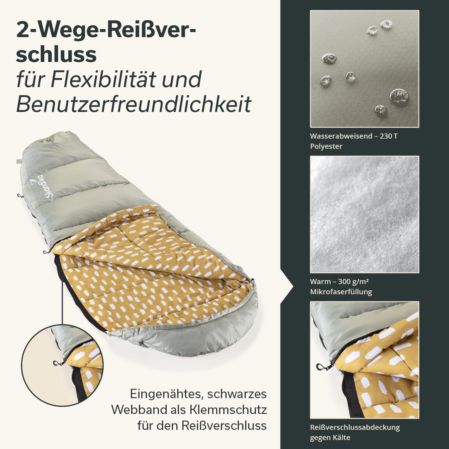 Skandika Kinderschlafsack Vegas Junior, Polycotton, 2-Wege Reißverschluss, Innentasche mit Klett (Kapuze/Kopfteil mit Kordel, Reißverschlussabdeckung mit Klett), weiches Innenfutter, wasserabweisend, kompakt, 12 bis 3°C, 170 x 70 cm
