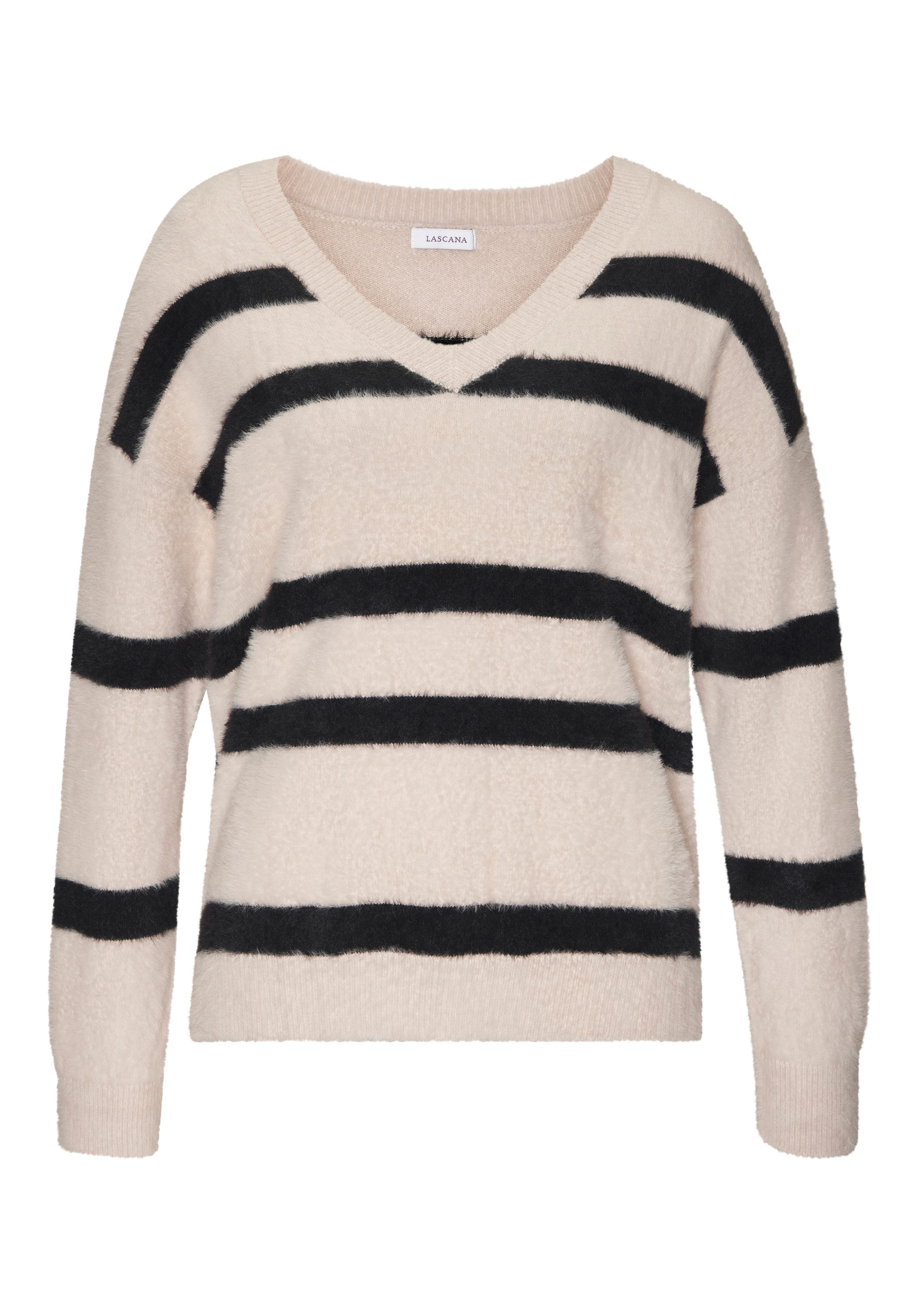 LASCANA Streifenpullover aus kuschelweichem Strick, V-Ausschnitt, Streifenoptik, modisch