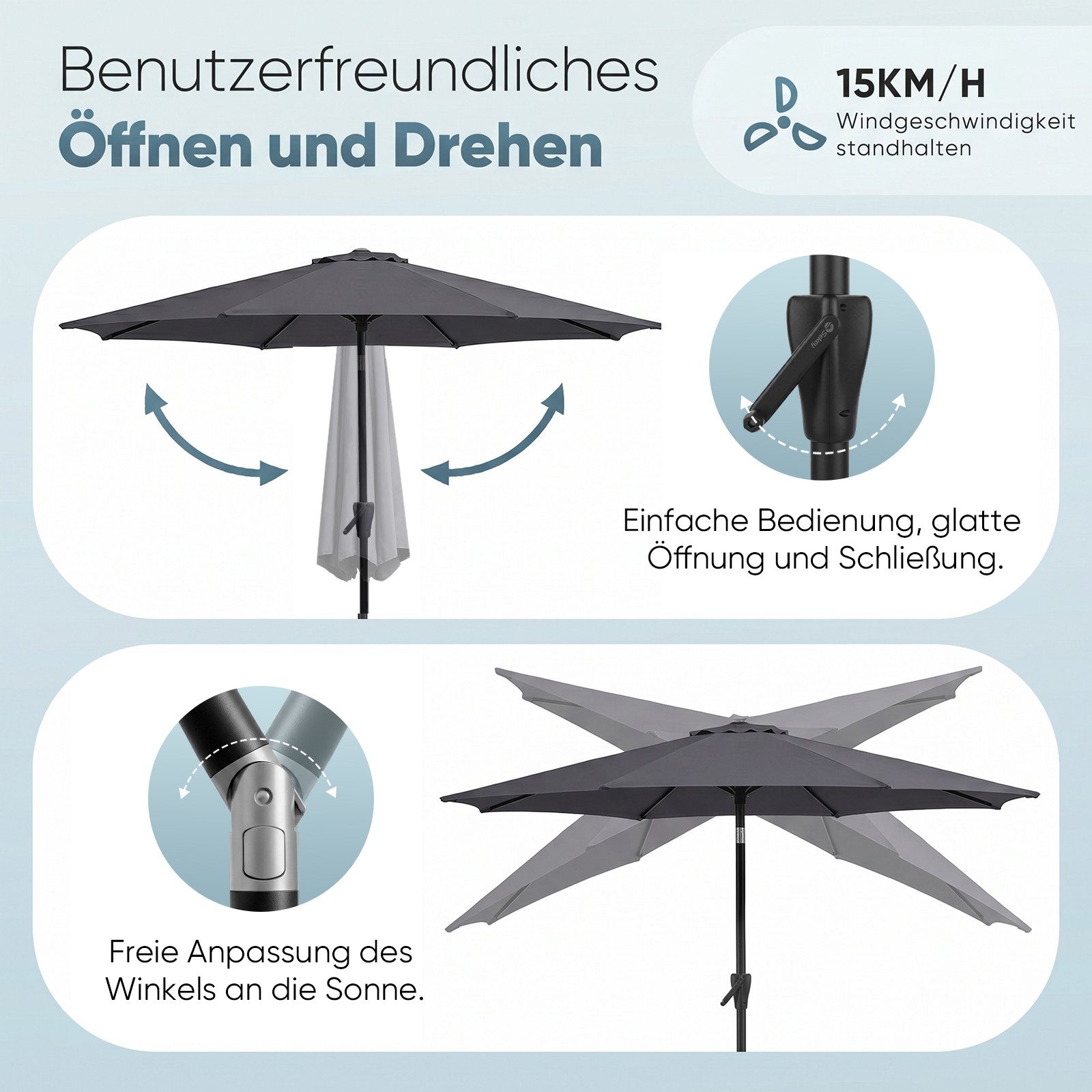 Sekey Sonnenschirm 3 x 3 m Aluminium Gartenschirm mit Kurbel, LxB: 300,00x300 cm, UV-Schutz 50+, für Balkon, Garten & Terrasse