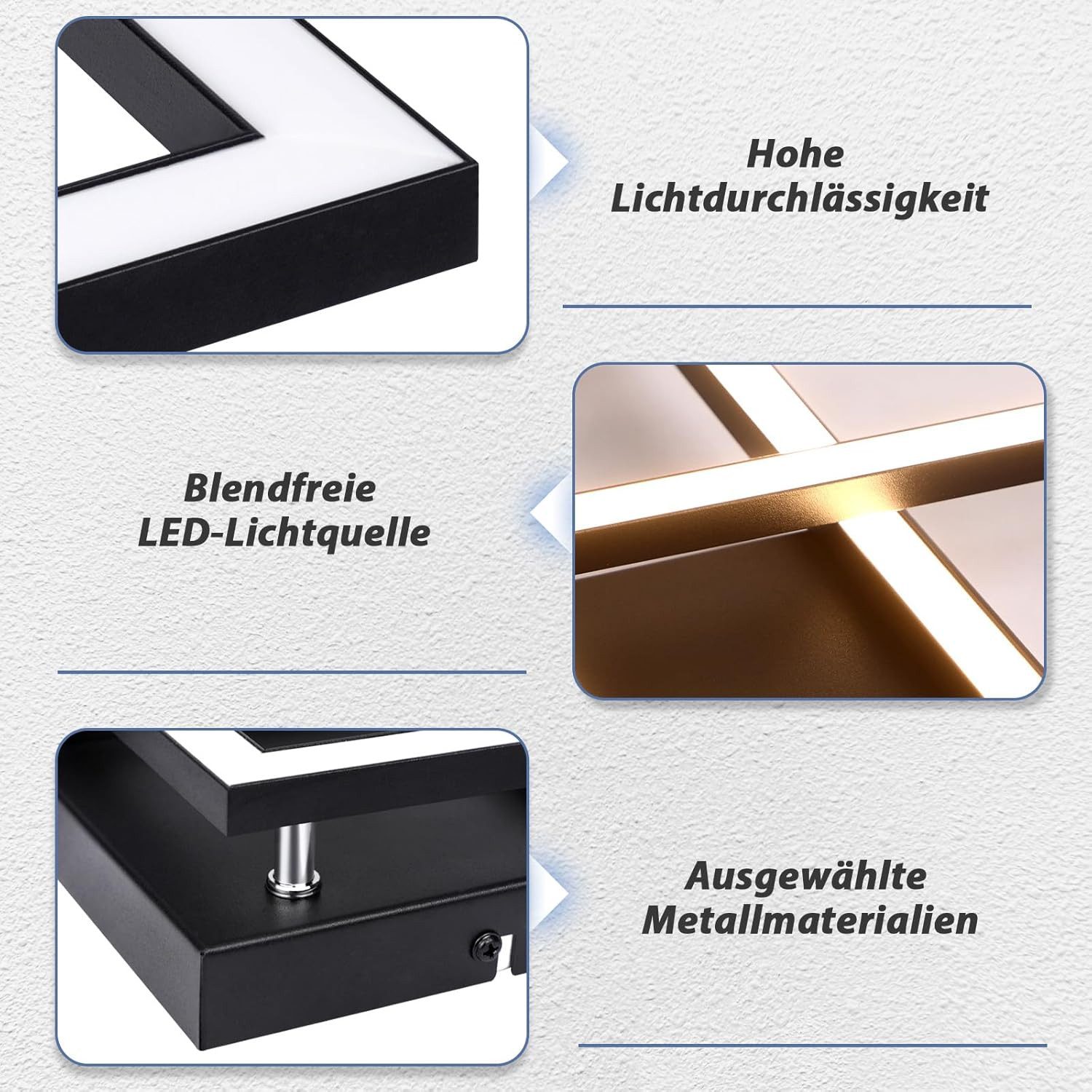 Nettlife LED Deckenleuchte Flur Wohnzimmer Schwarz modern Kristall Deckenlampe 12/24W, LED fest integriert, Warmweiß, ohne Kristalle 24W 46.1*46.1*5.8cm für Woh – Bild 5 von 5