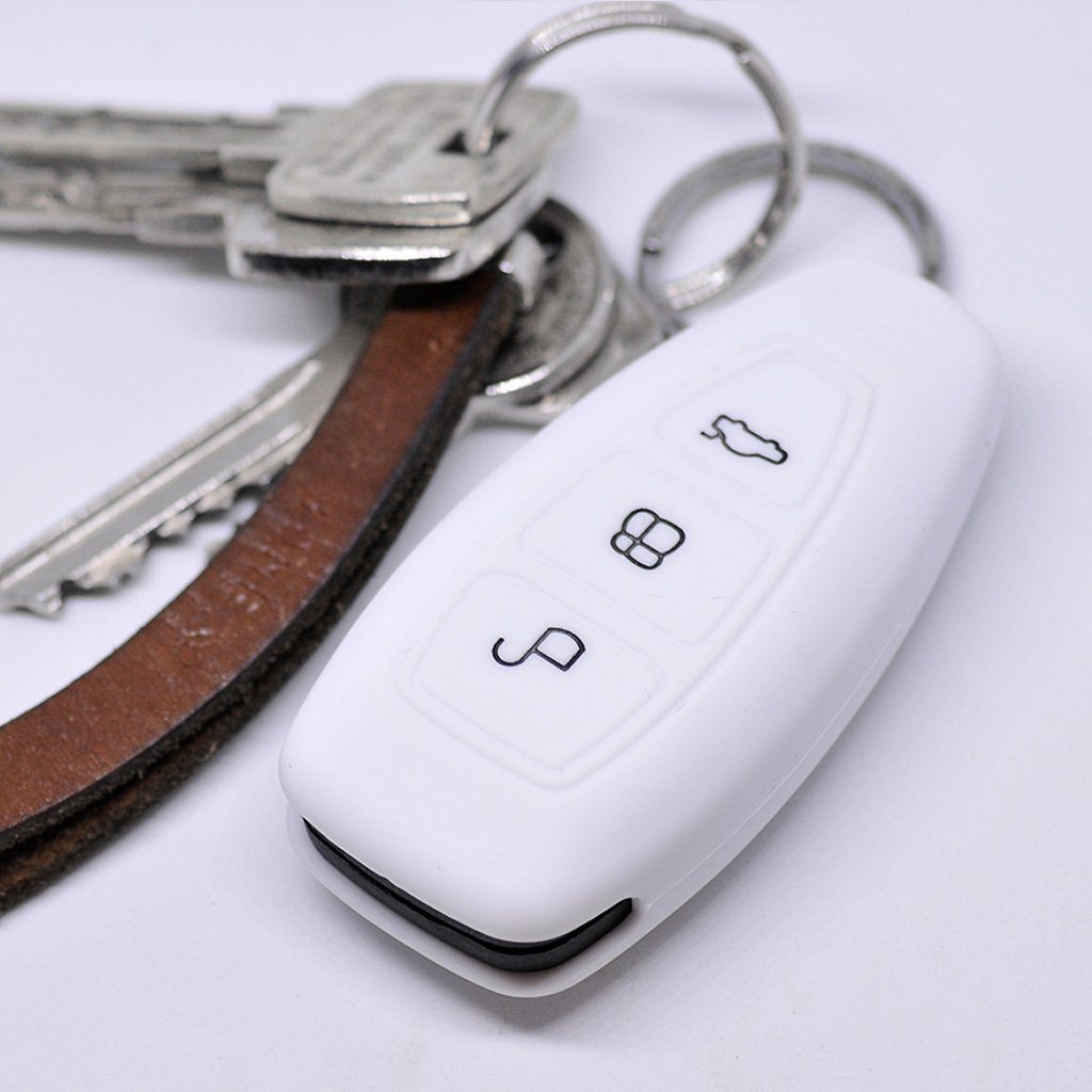 mt-key Schlüsseltasche Autoschlüssel Softcase Silikon Schutzhülle Weiß, für Ford C-Max S-Max B-Max Galaxy Focus Mondeo Fiesta Kuga 3 Tasten