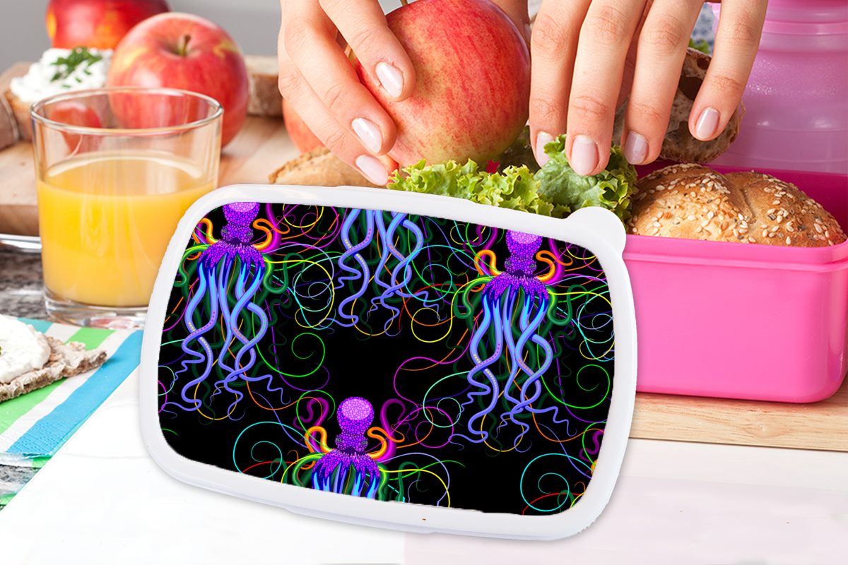 MuchoWow Lunchbox Oktopus Regenbogen rosa Brotdose Muster, Snackbox, - Erwachsene, Mädchen, für Abstrakt - - (2-tlg), Brotbox Kinder, Kunststoff, - Neon Kunststoff