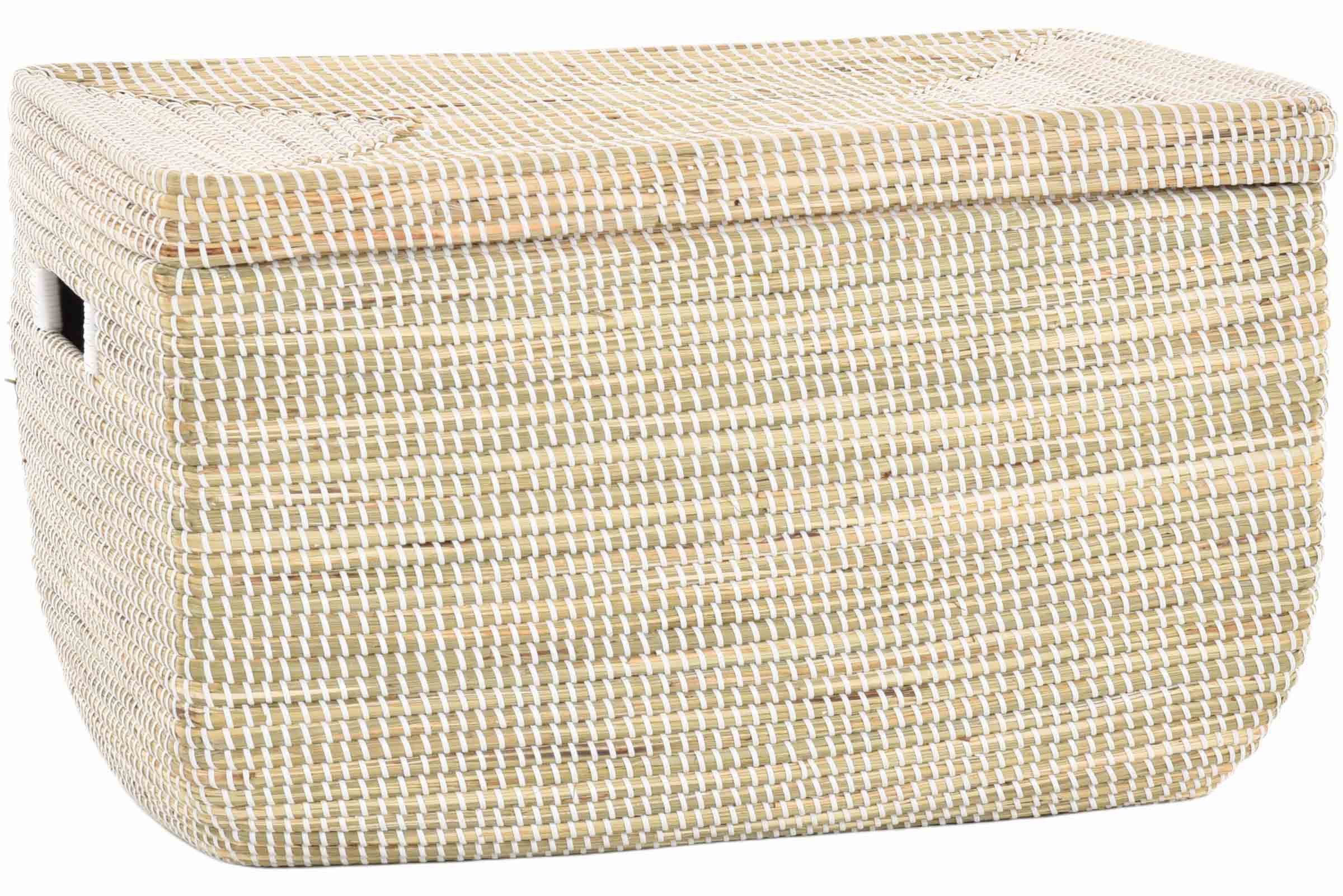 Krines Home Aufbewahrungskorb Handgearbeiteter Seegras Dekokorb mit Deckel Aufbewahrung Flechtkorb, Truhe Natur mit weißen Wicklungen Rund Box (Hell Natur, Truhe)