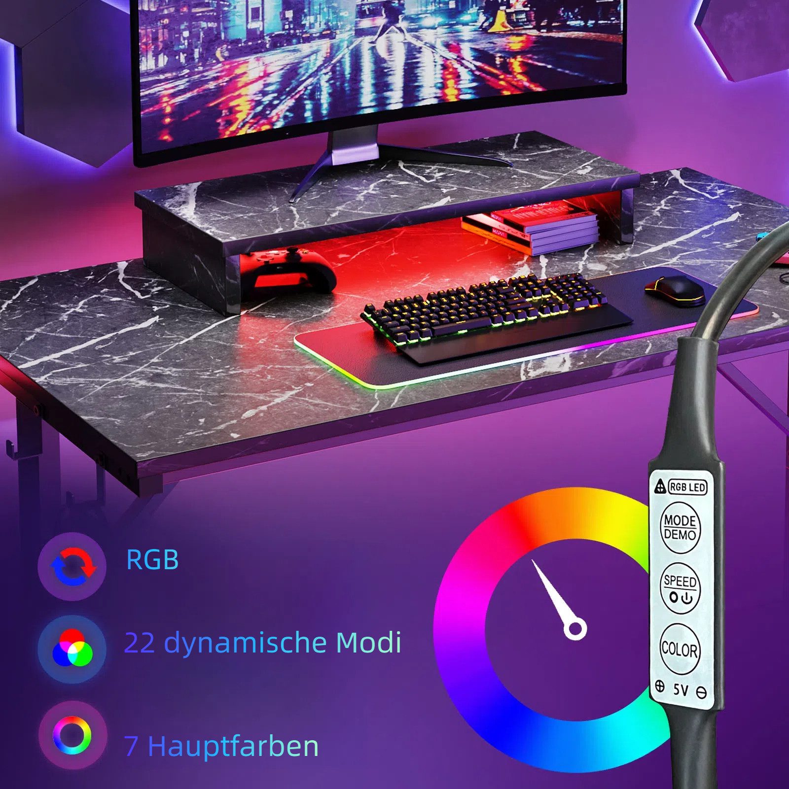 Bestier Gamingtisch 106cm Gaming Schreibtisch mit RGB-LED, 106cm Jugendschreibtisch (Gamer Tisch mit Tablett Ständer, Getränkehalter und Kopfhörerhaken, Tablett – Bild 4 von 5