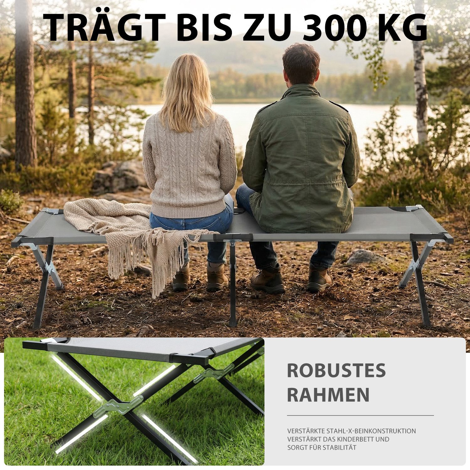 kehot Feldbett Feldbett klappbar 190×72,5 cm bis 300 kg belastbar (Campingbett faltbar mit Oxford-Gewebe und stabilem Stahlrahmen, Gästebett kompakt mit Tragetasche für Outdoor und Zuhause) Leichtes Reisebett schnell aufgebaut für Camping und Garten
