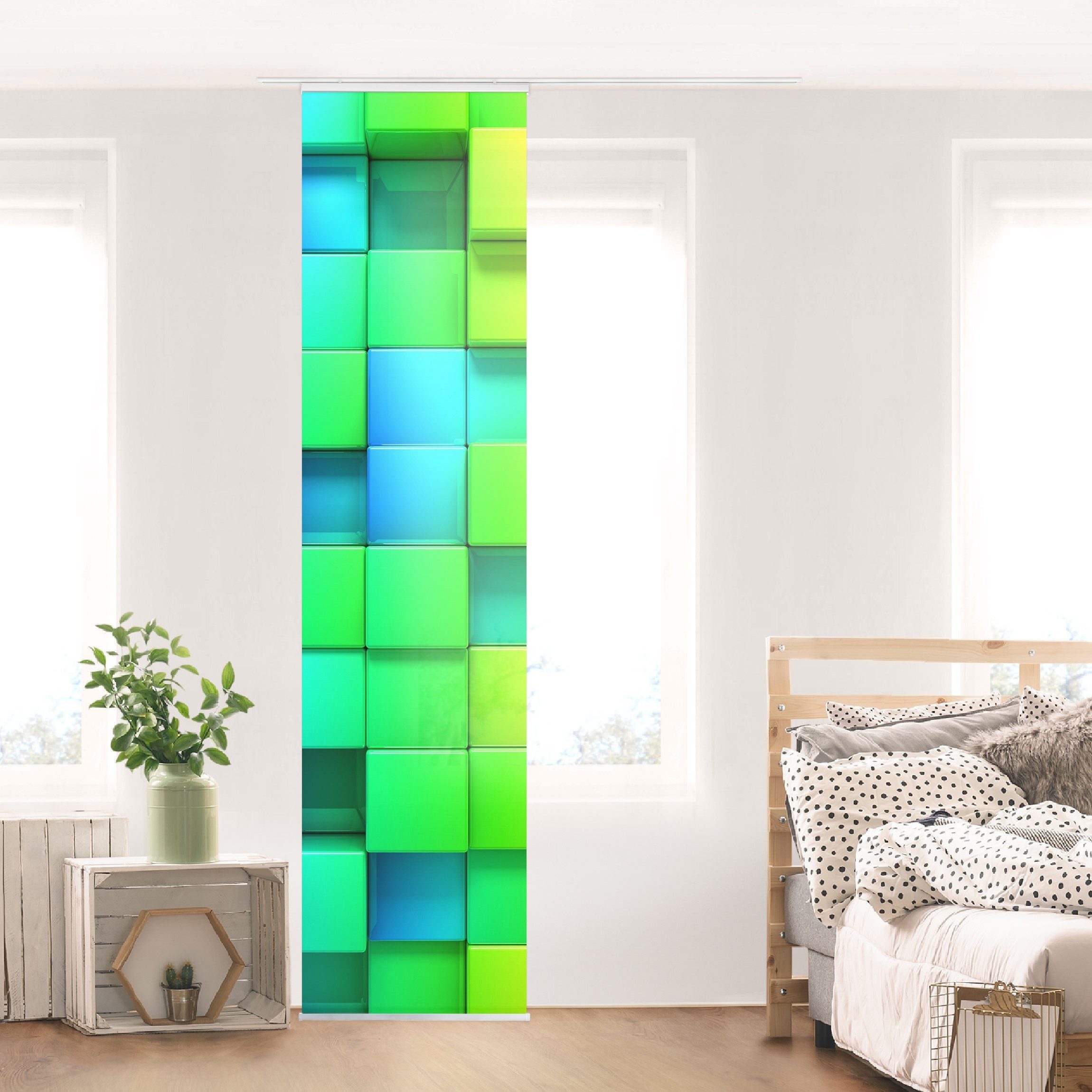 Bilderdepot24 Schiebegardine modern Flächenvorhang blickdicht 3D Würfel (1 St), halbtransparent, Kinderzimmer große Flächengardine lichtdurchlässig für Klemm-System