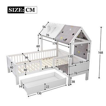 Flieks Kinderbett, Massivholz Einzelbett Hausbett mit Zeltstoff und Schublade 90x200cm