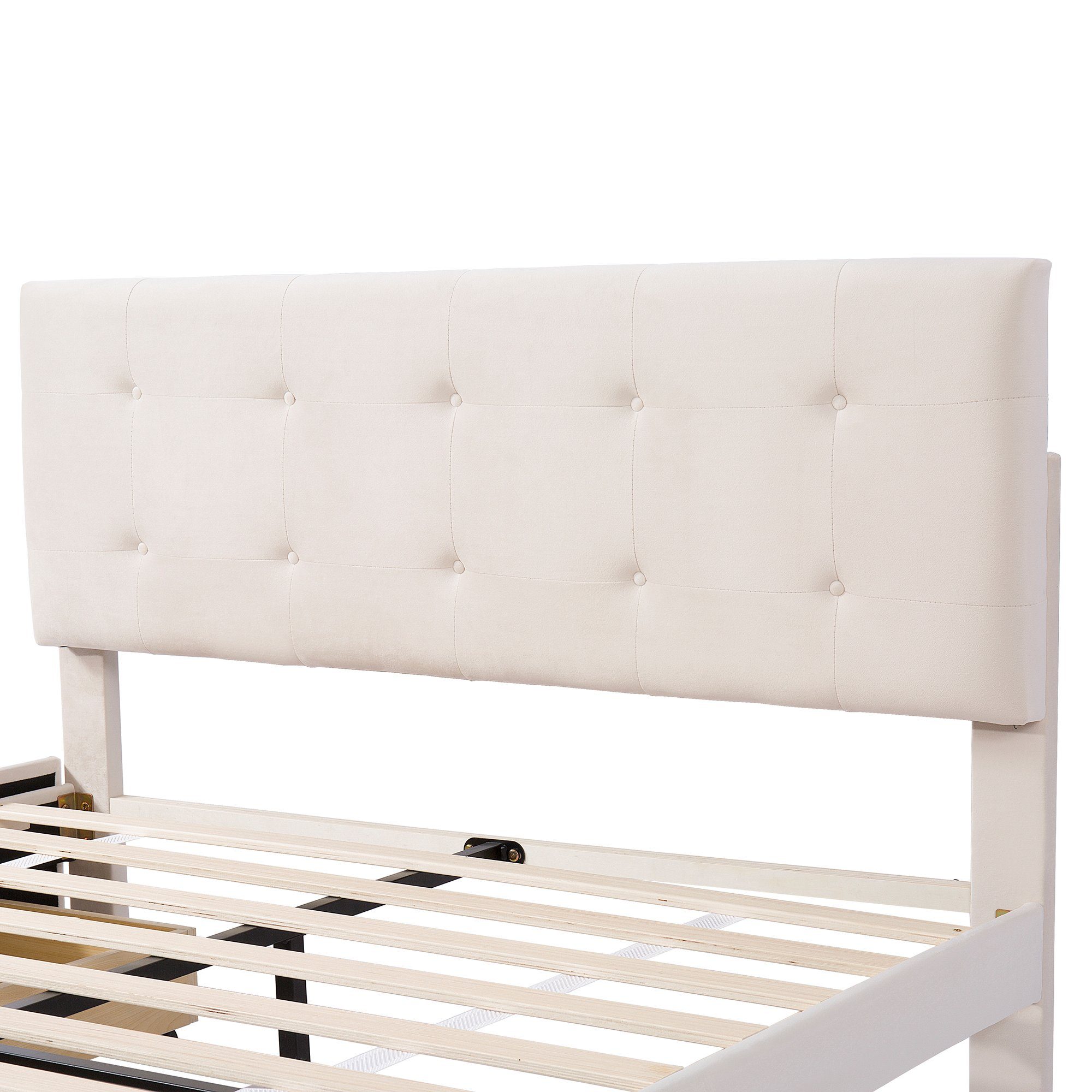 Polsterbett (Doppelbett mit Lattenrost und 4 Schubladen), Höhenverstellbares Kopfteil, Bezug aus Samtstoff, 140x200 cm