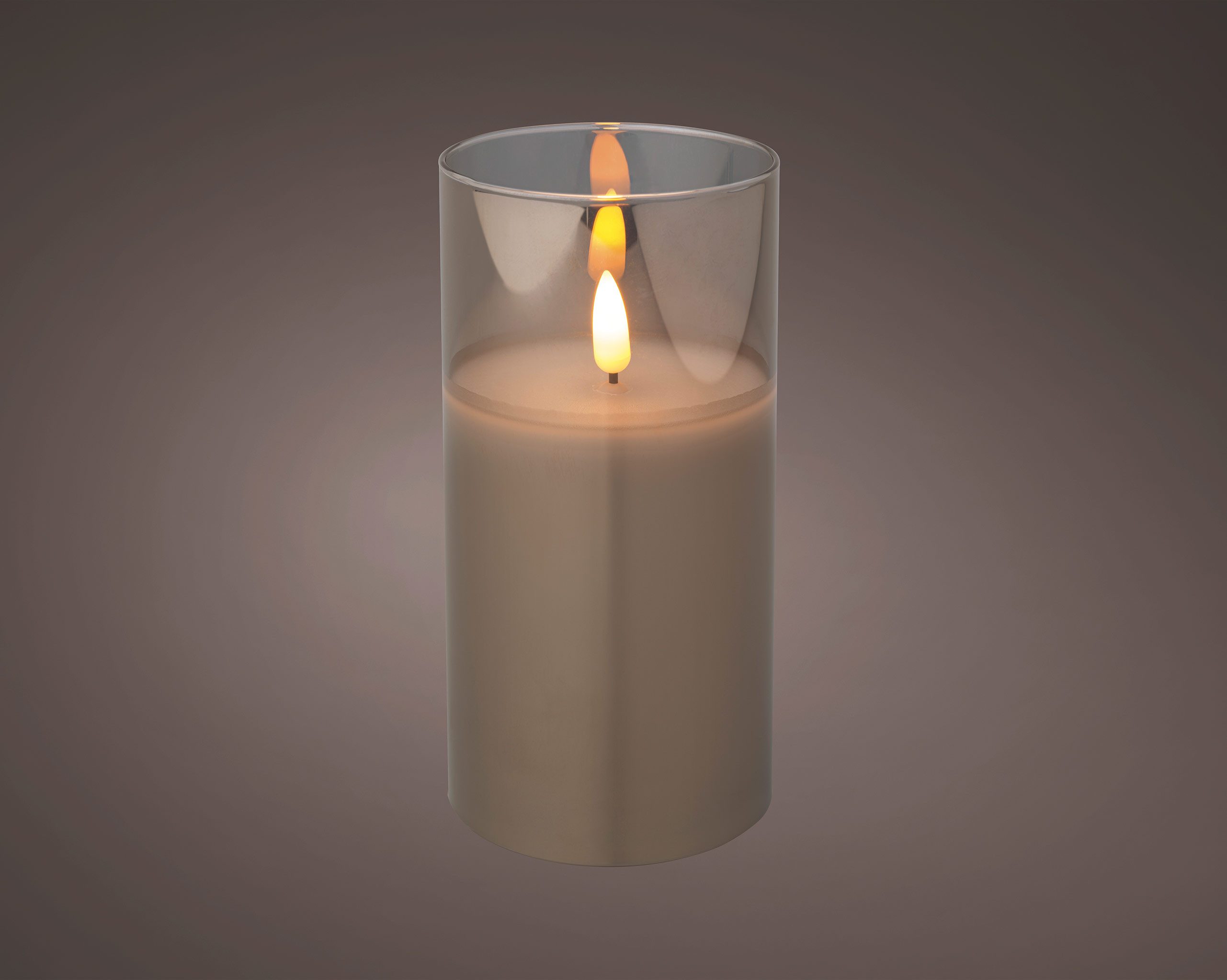 Lumineo LED-Kerze, Timer, warmweiß, LED Kerze im Glas 7,5x15cm mit Timer Wachs Rauchgrau / Warmweiß