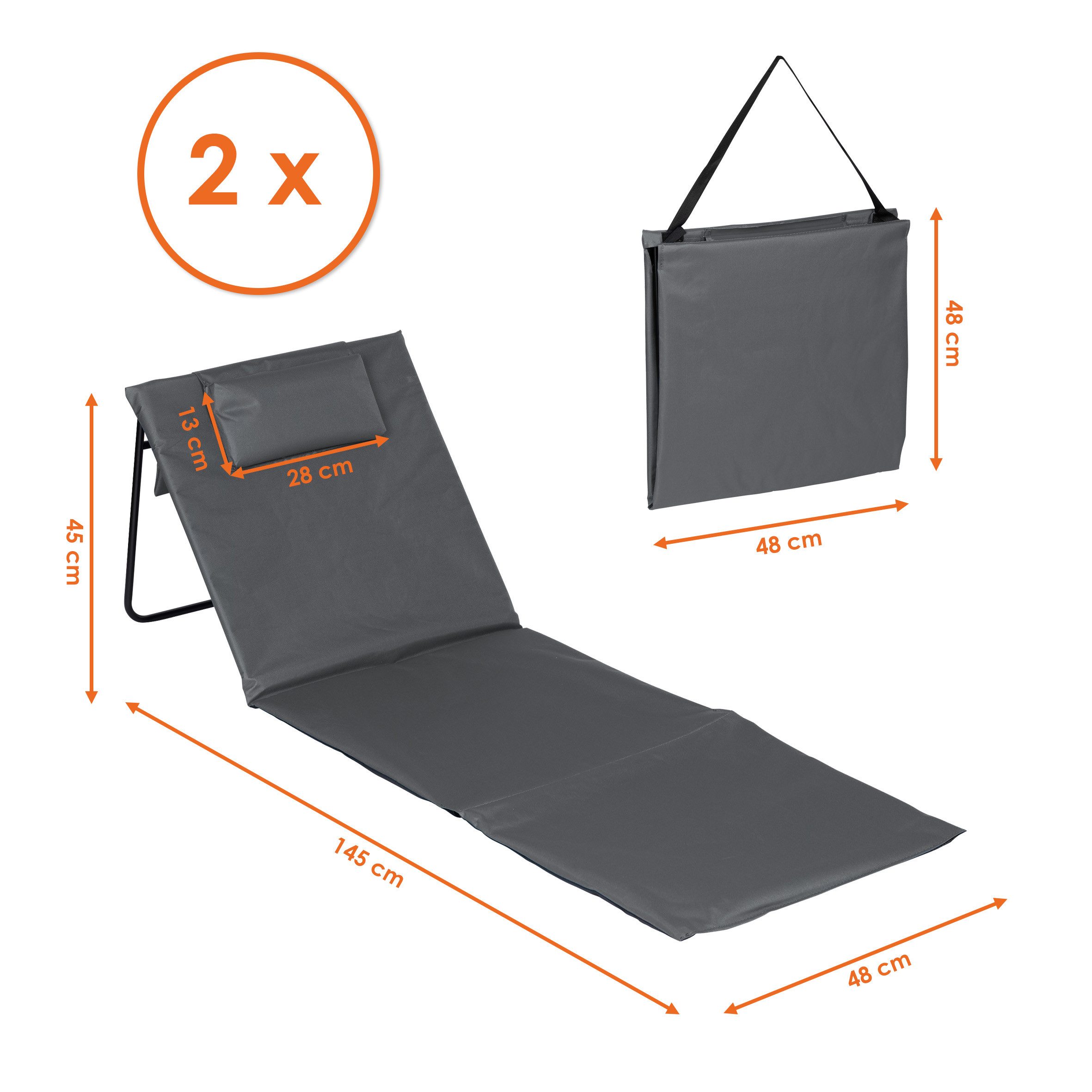 Spetebo Gartenliege Strandmatte 2er Set klappbar mit verstellbarer Rückenlehne, Anzahl, 1 St., Stück, Integriertes Kopfkissen