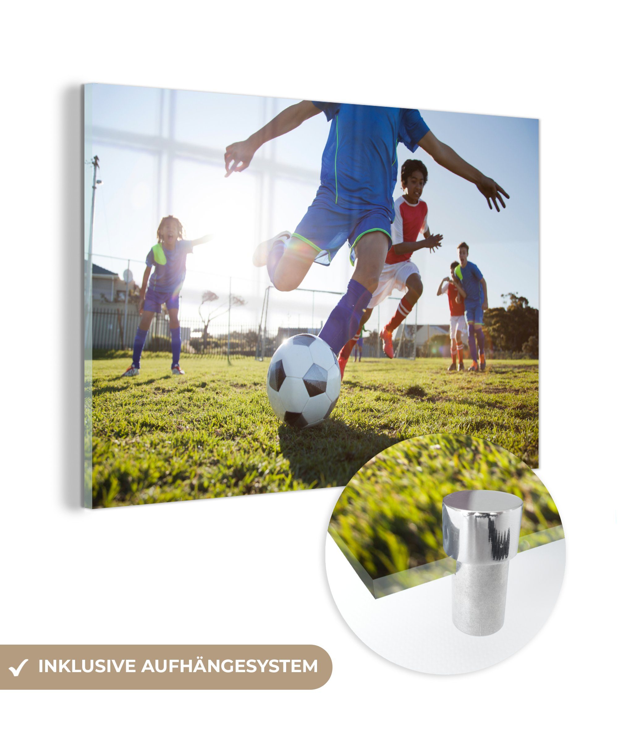 MuchoWow Acrylglasbild Junge spielt Fußball, (1 St), Acrylglasbilder Wohnzimmer & Schlafzimmer