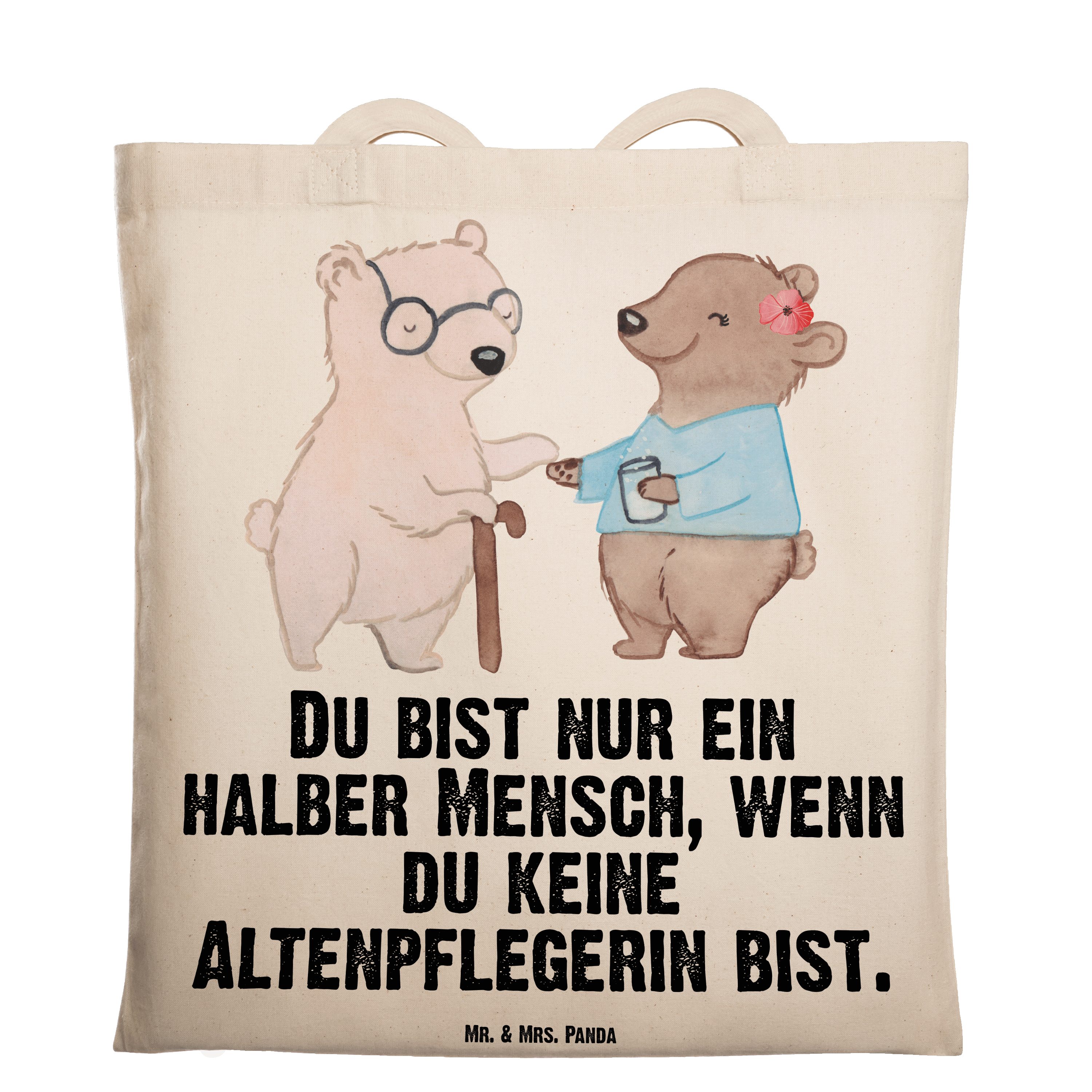 Mr. & Mrs. Panda Tragetasche Altenpflegerin mit Herz - Transparent - Geschenk, Abschied, fürsorgli (1-tlg)