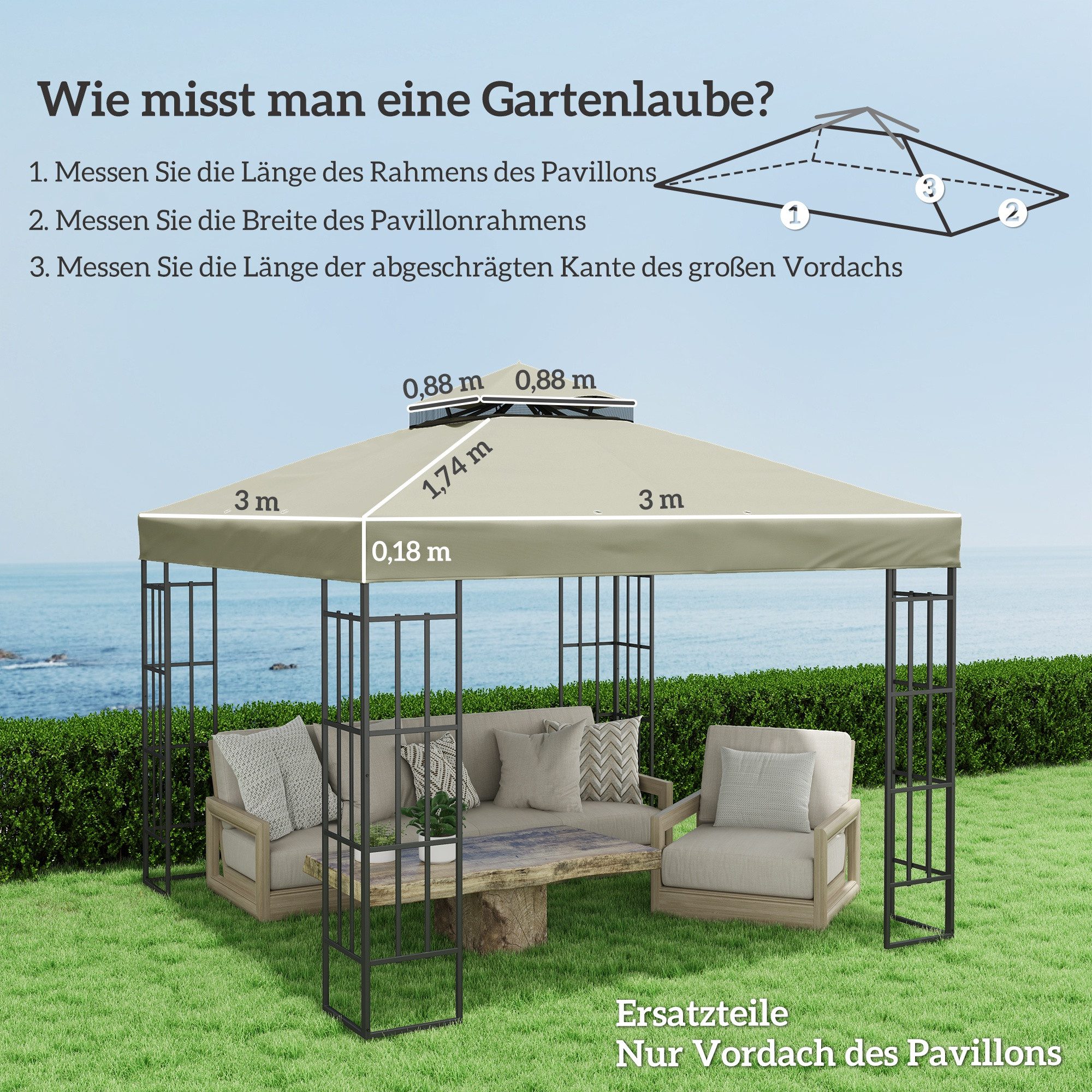 Outsunny Pavillon-Ersatzdach 3 x 3 m, Ersatzbezug, 370 g/m², 300 x 300 cm (Regenschutz Ersatzbezug, Ersatzdach Schutzhaube), aus Oxford-Stoff, 370 g,m², Hellgrau
