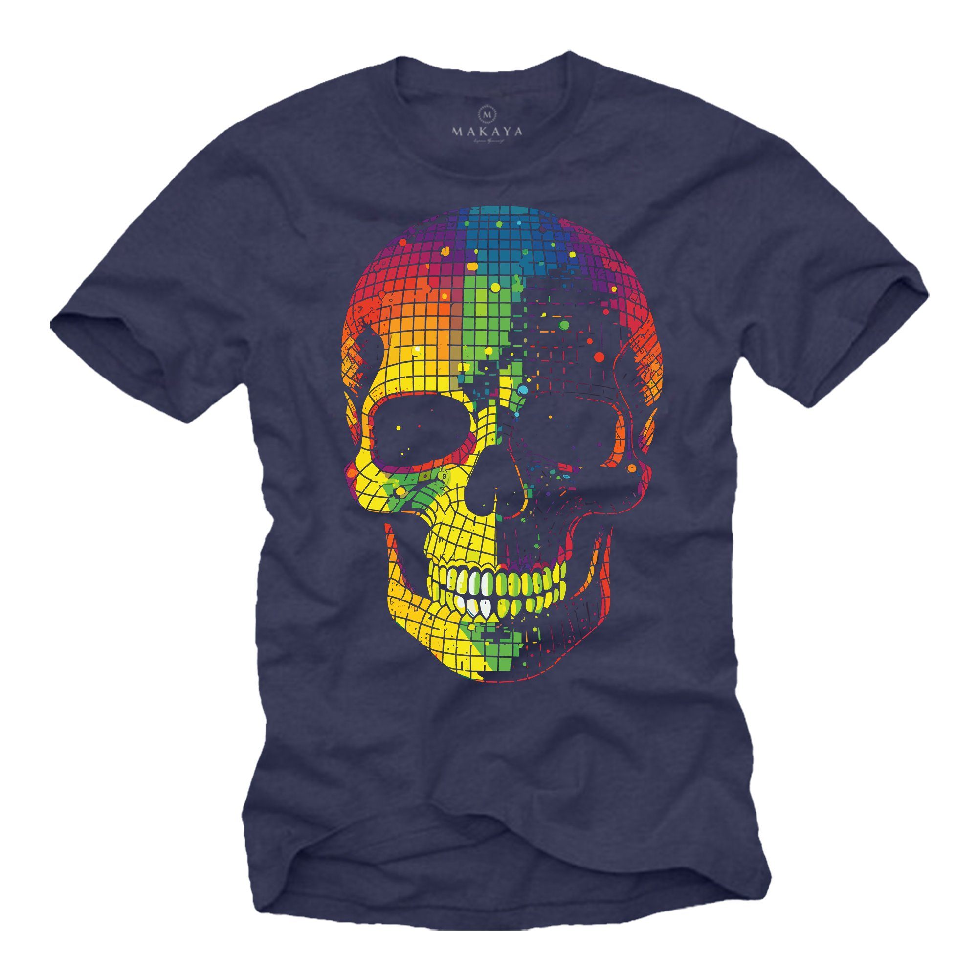 MAKAYA Print-Shirt Herren Disco Skull Totenkopf Jungen Jungs Teenager Party Motiv Gothic, Nerd Blau