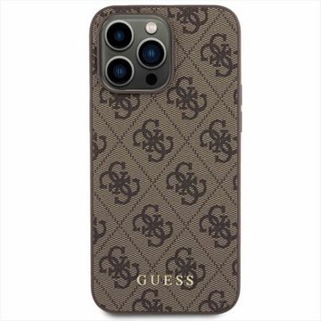 Guess Smartphone-Hülle Guess Apple iPhone 15 Pro Max Case Hülle 4G Metal Gold Logo Braun