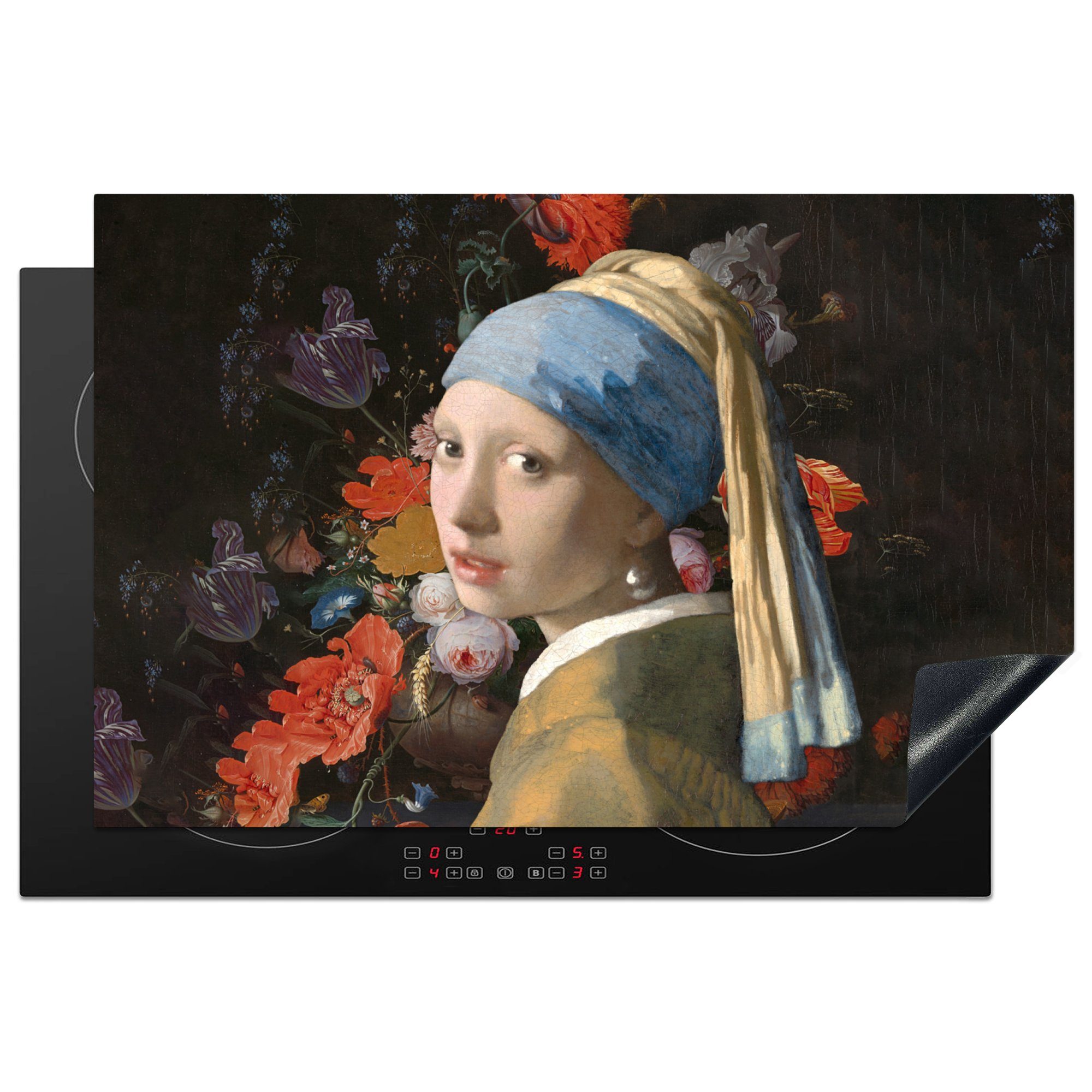 MuchoWow Herdblende-/Abdeckplatte Das Mädchen mit dem Perlenohrring - Vermeer - Blumen, Vinyl, (1 tlg), 81x52 cm, Induktionskochfeld Schutz für die küche, Ceranfeldabdeckung