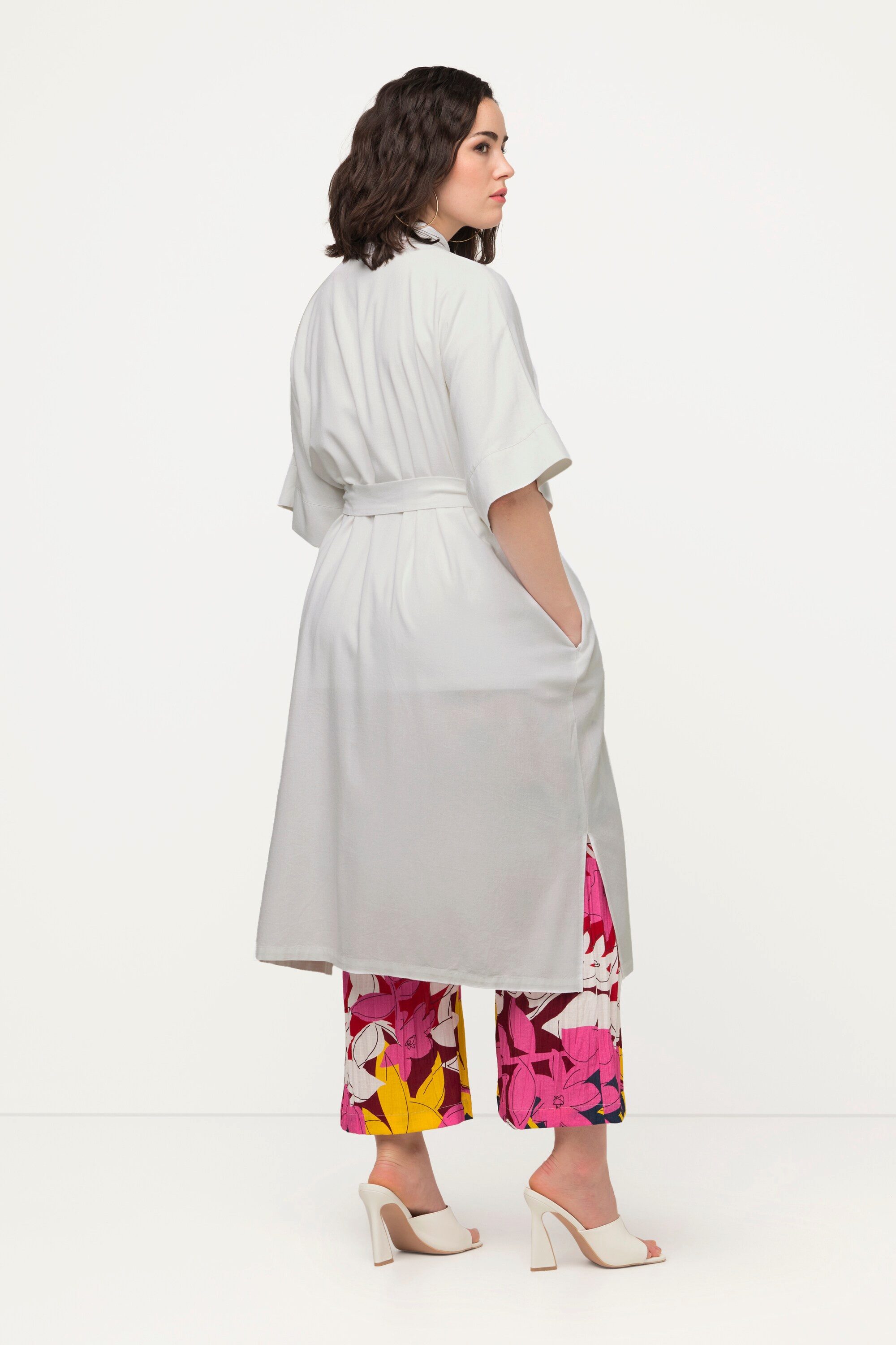 Ulla Popken Midikleid Midikleid Leinenmix Hemdkragen Gürtel Halbarm