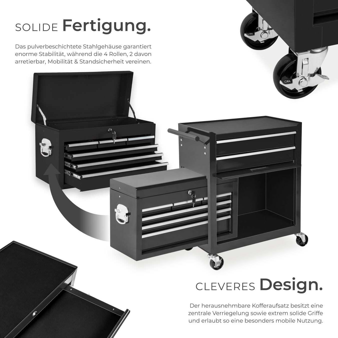 tectake Werkzeugwagen Werkstattwagen mit 10 Fächern, schwarz, 8 kugelgelagerte Schubladen mit Antirutschmatten