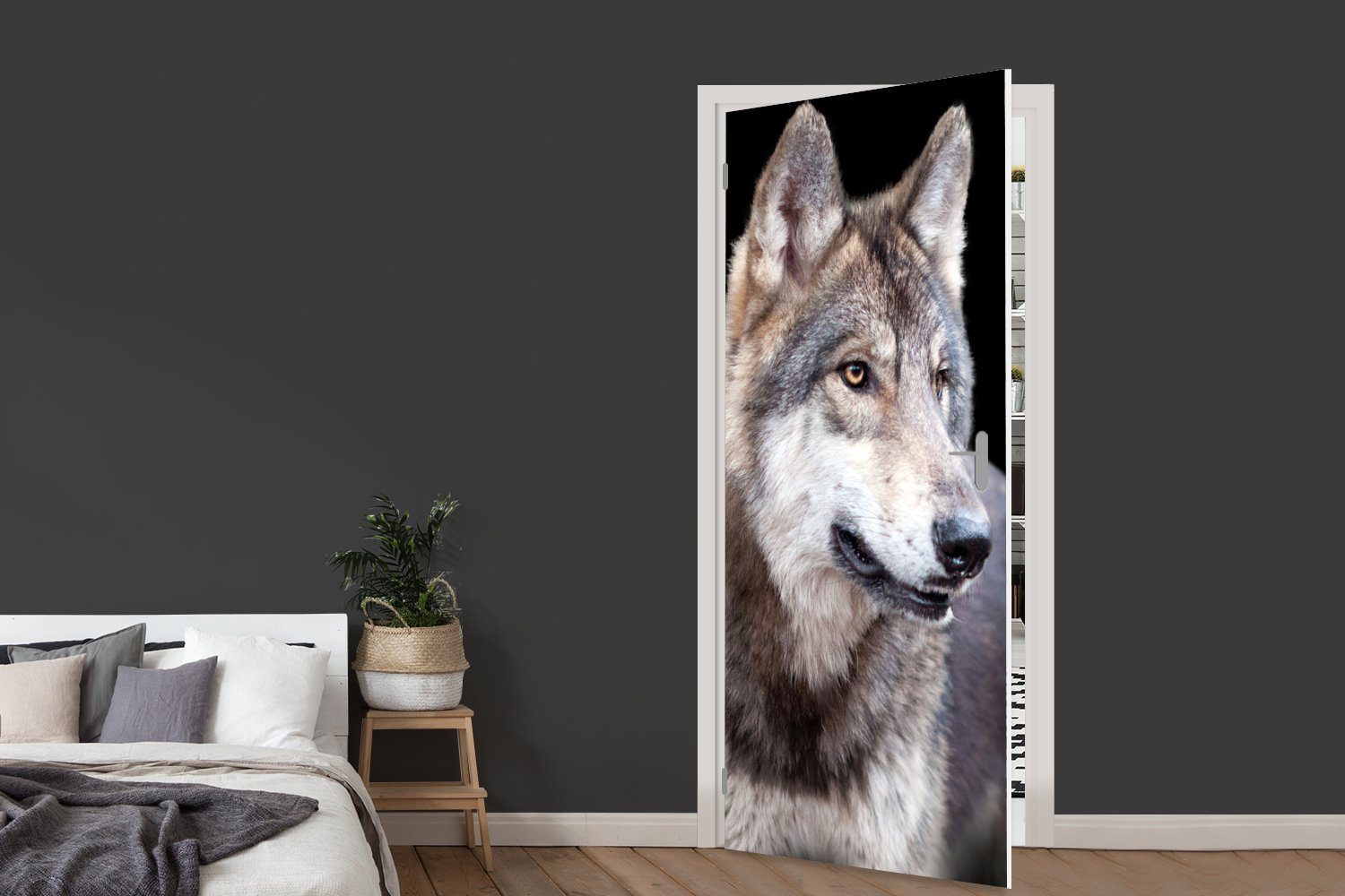 Tür, für bedruckt, St), cm Wildwolf, Fototapete (1 Türaufkleber, Türtapete Matt, MuchoWow 75x205 Grauer