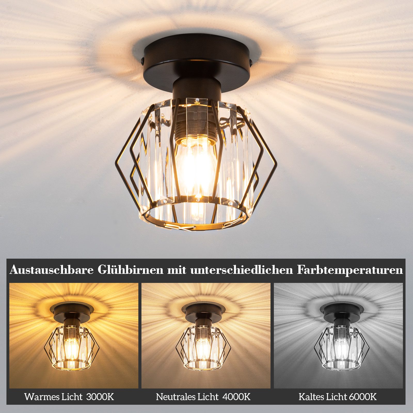 Nettlife Deckenleuchte Schwarz Kristall Moderne E27 Deckenlampe Design ohne Leuchtmittel, ohne Leuchtmittel, für Flur, Küche, Balkon, Wohnzimmer & Hotel Innenbeleuchtung