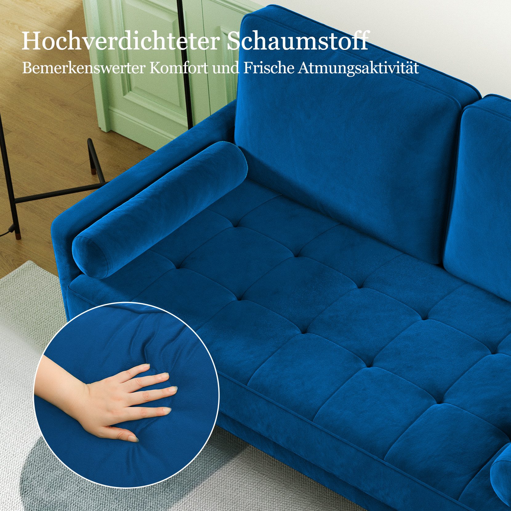 OUNUO Sofa 121cm Kleines Loveseat Sofa Couch aus Samt und Leinen mit 2 Zierkissen