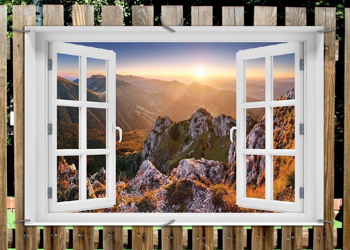 Thumbnail - Wallario Sichtschutzzaunmatten Berglandschaft mit Sonnenuntergang in der Slowakei, mit Fenster-Illusion