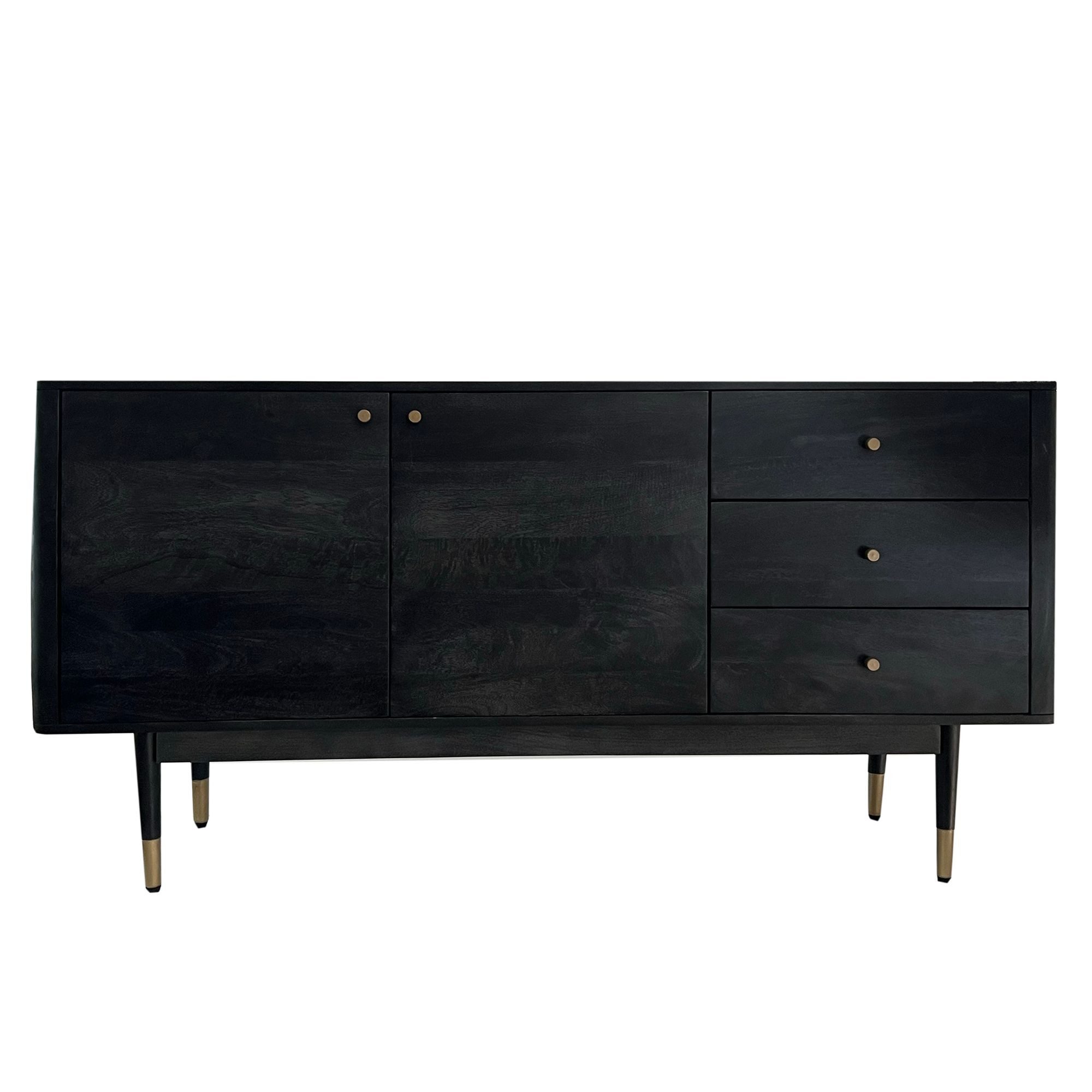 Wohnling Sideboard WL7.021 160 cm Massivholz Schwarz Kommode Anrichte Türen Schubladen (160 cm Akazie Massivholz Schwarz, Kommode Hoch), Anrichte Modern, Standschrank Türen & Schubladen