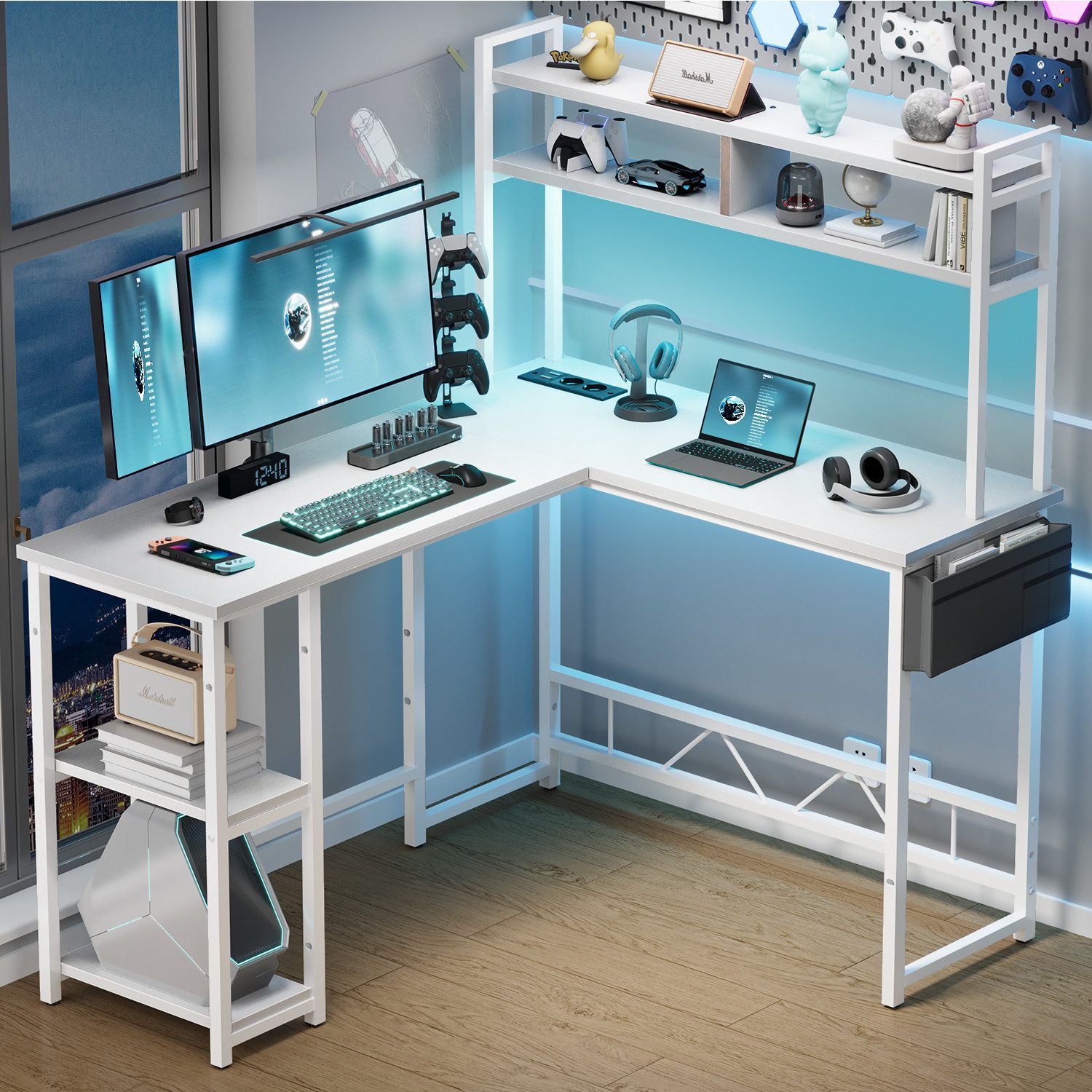 HOMALL Gamingtisch Schreibtisch mit LED und USB L-förmiger Ecktisch 160 * 120cm (Mit großem Ablagefach, USB-Ladeanschluss und Steckdose)