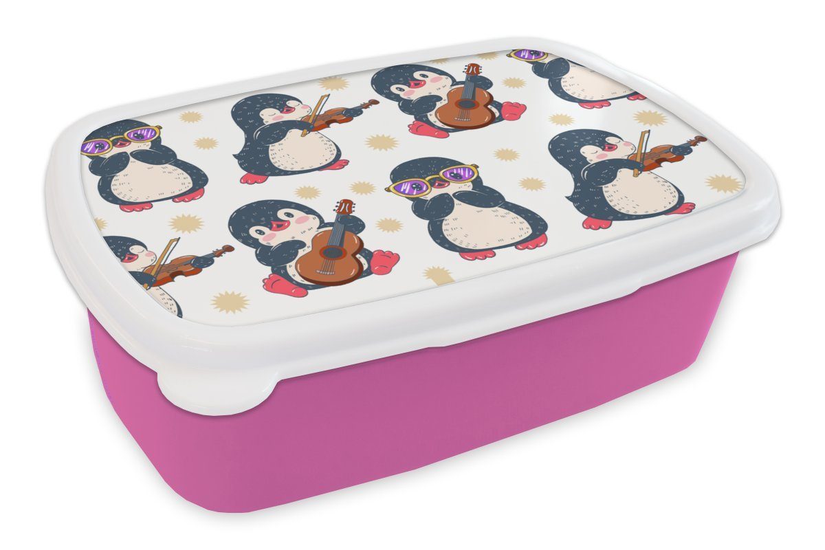 MuchoWow Lunchbox Pinguin - Musik - Gitarre - Kinder - Muster, Kunststoff, (2-tlg), Brotbox für Erwachsene, Brotdose Kinder, Snackbox, Mädchen, Kunststoff rosa