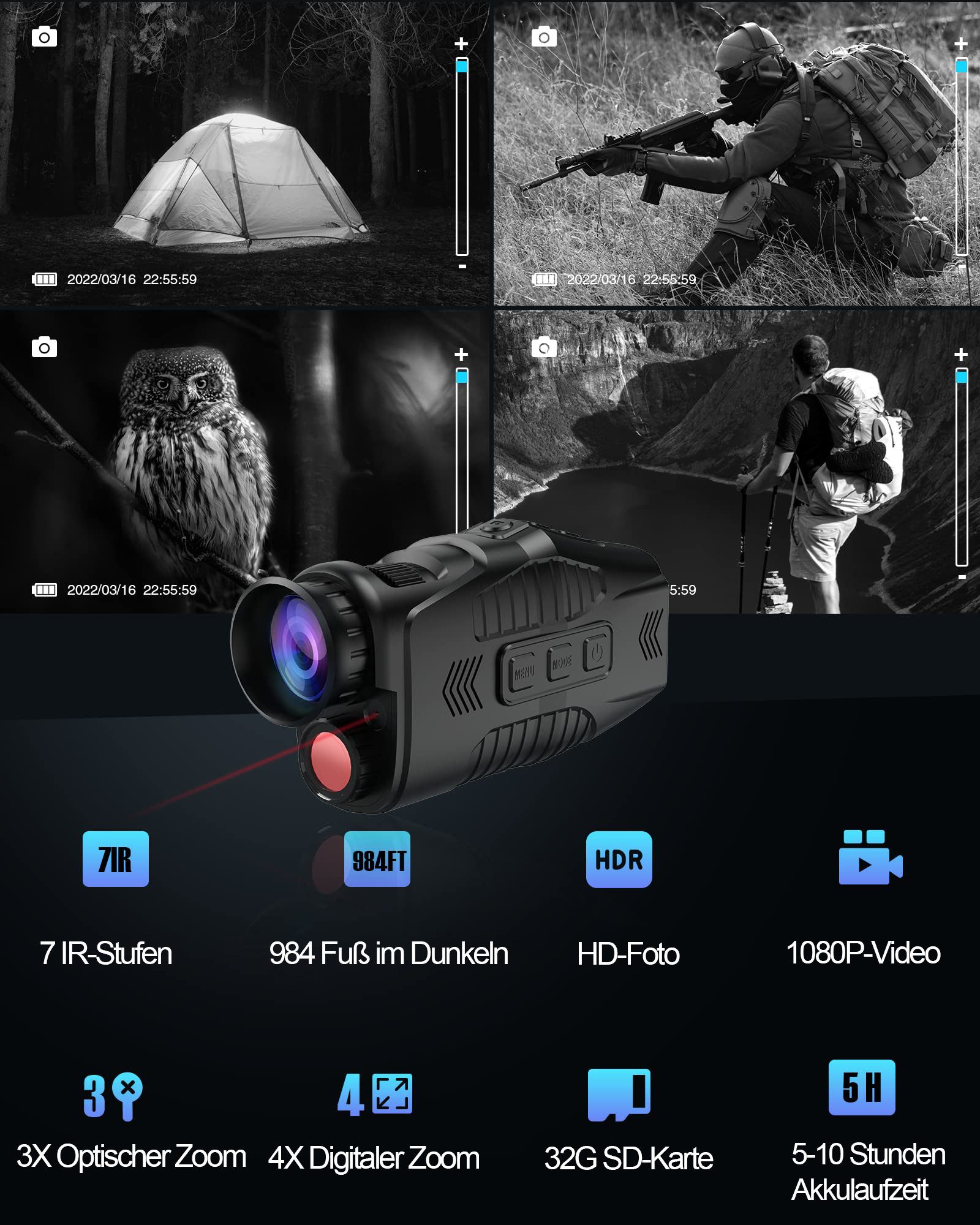 Tekoo Nachtsichtgerät Digitales Nachtsichtgerät Monokular Infrarot mit Kamera & 64GB SD, Sichtweite bis 800m bei Nacht, inkl. 64GB Speicherkarte & Kartenleser
