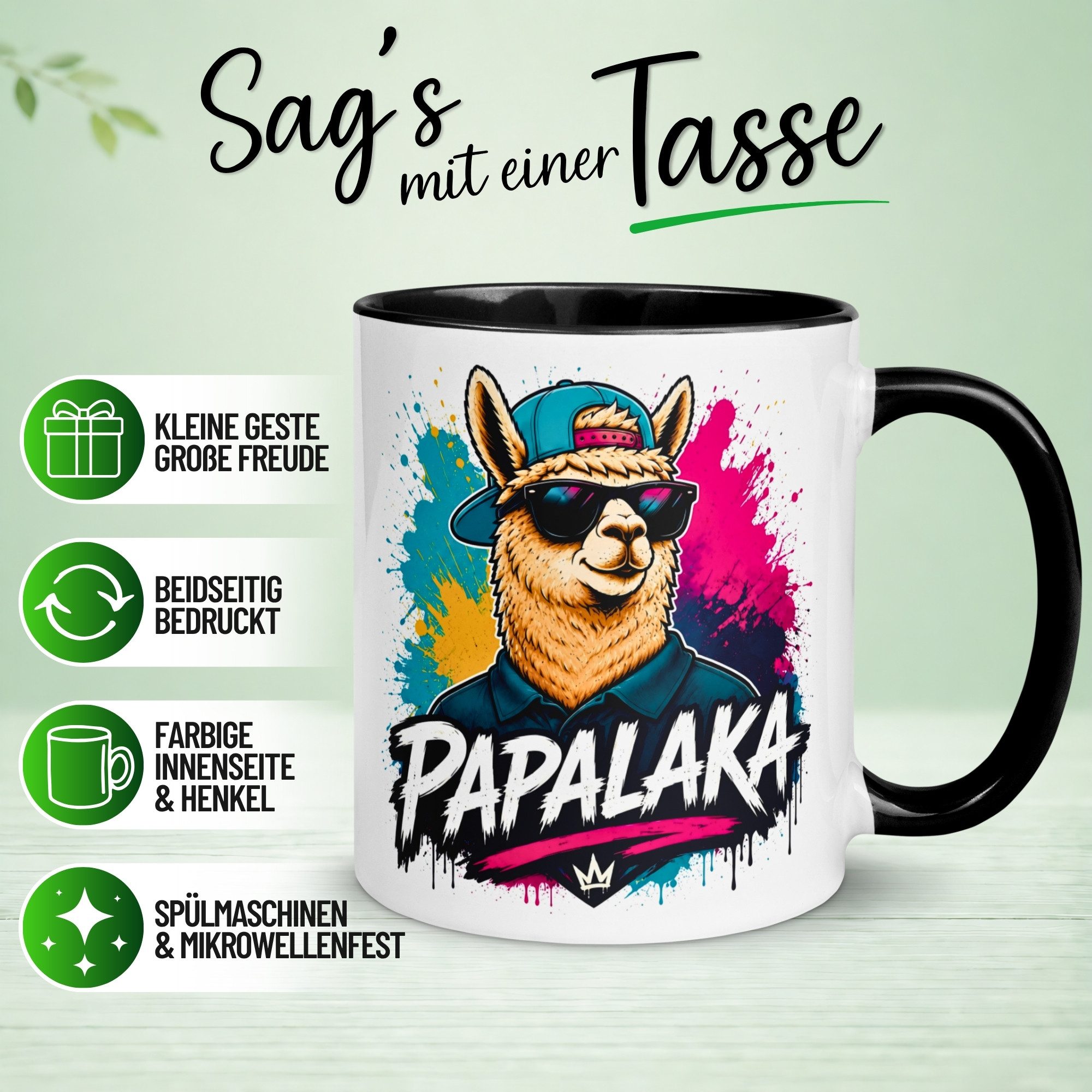 Momentals Tasse Alpaka – „PAPALAKA“ – lustiger Geschenk Becher für Papa, Gratis Versand · Links-&Rechtshänder · Spülmaschinenfest