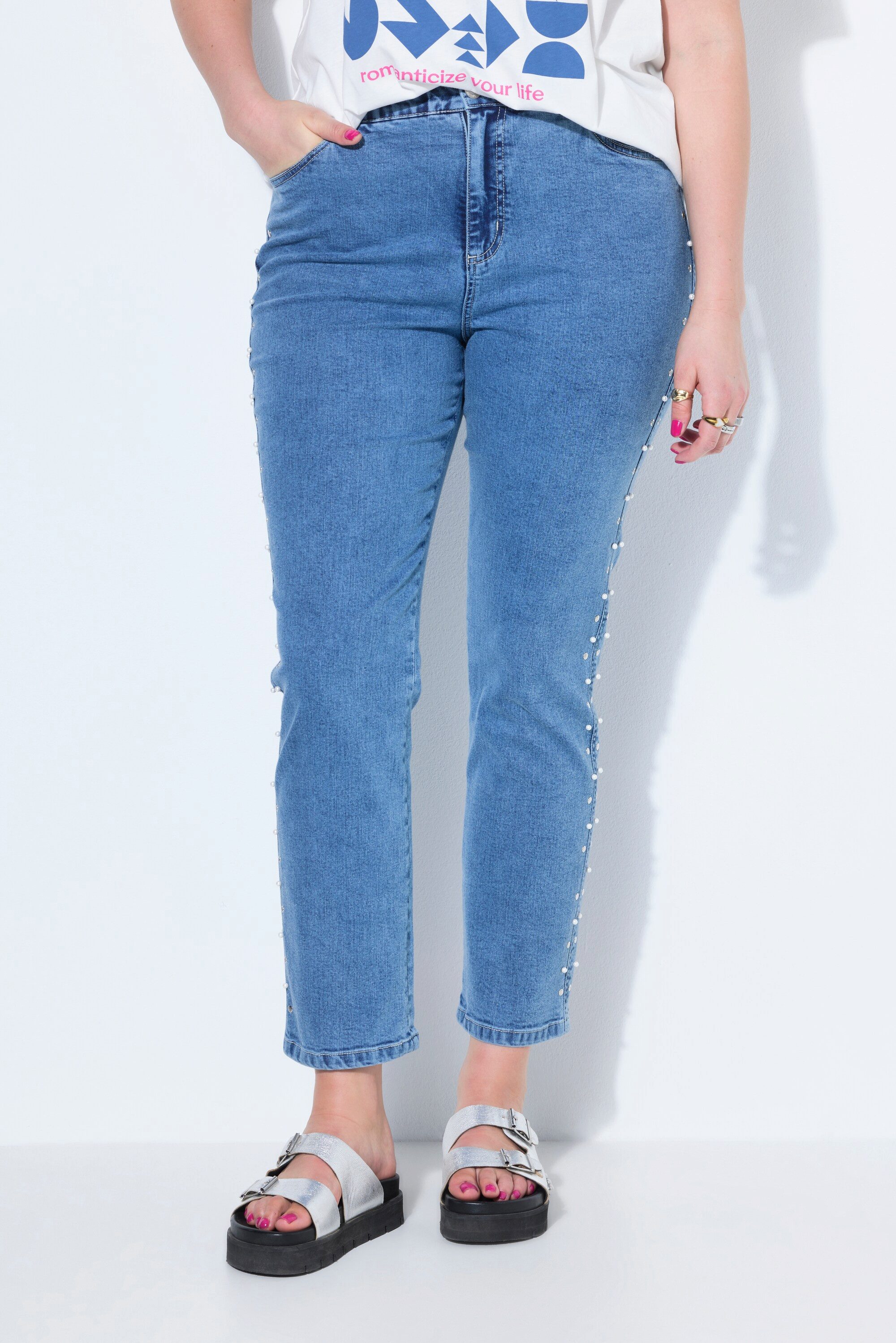Röhrenjeans Mom-Jeans Zierperlen 5-Pocket