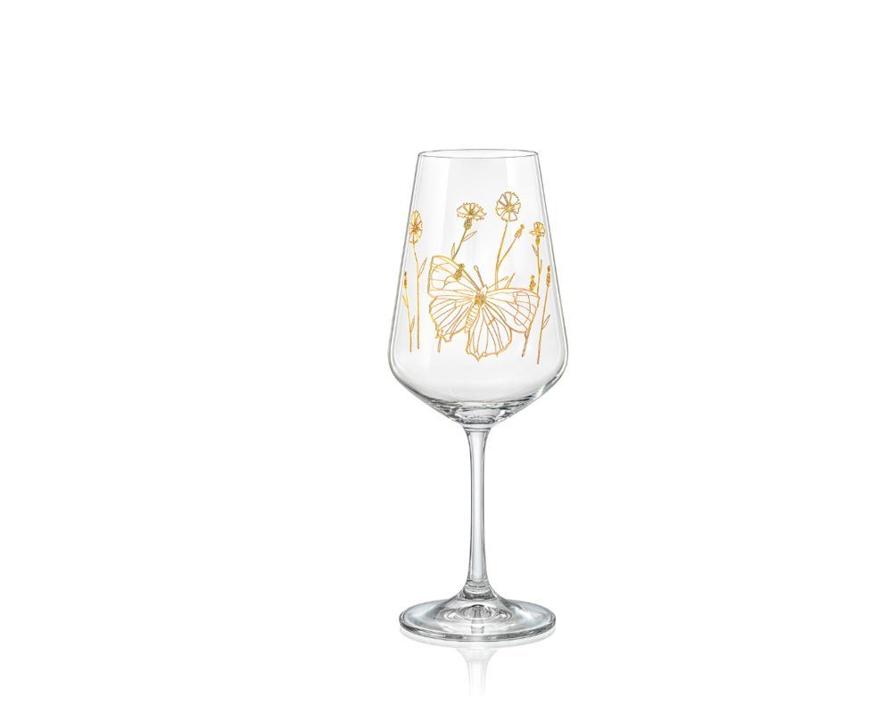 Crystalex Rotweinglas Weingläser Weinglas Wild Flowers Kristallgläser Schmetterling, Kristallglas, Pantografie in Gold mit Schmetterling Bohemia 450 ml 6er